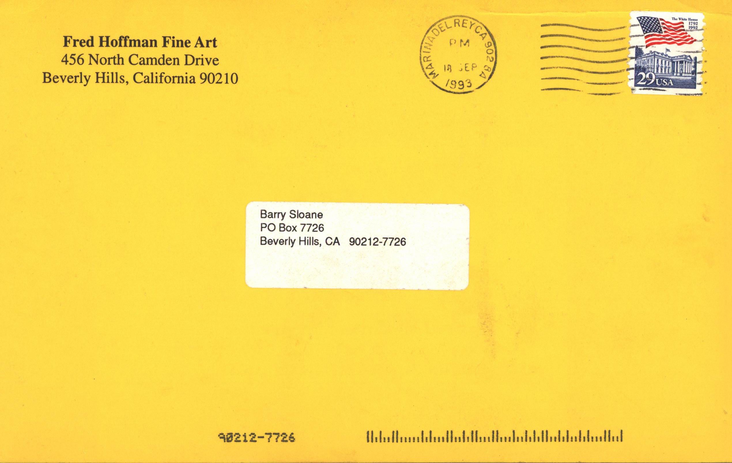 Jean-Michel Basquiat, Fred Hoffman Fine Art, Beverly Hills 1993;
Rara cartolina d'annuncio di Basquiat degli anni '90 pubblicata in occasione di: Jean-Michel Basquiat, 'Paintings, Drawings, Prints': Fred Hille Fine Art, Beverly Hills, CA 1993. Una