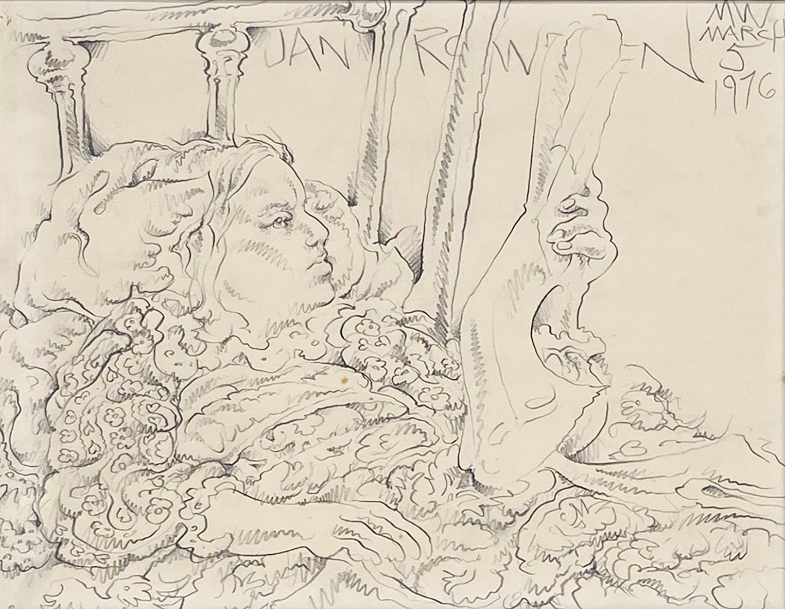 Martin Wong, Jan Rowen, 1976:
Incluido en el Catálogo Razonado de Martin Wong, este dibujo de Wong de los años 70 muestra a la amiga del artista, Jan Rowen captada íntimamente. Una conmovedora visión de los años de Wong en Eureka, California (más