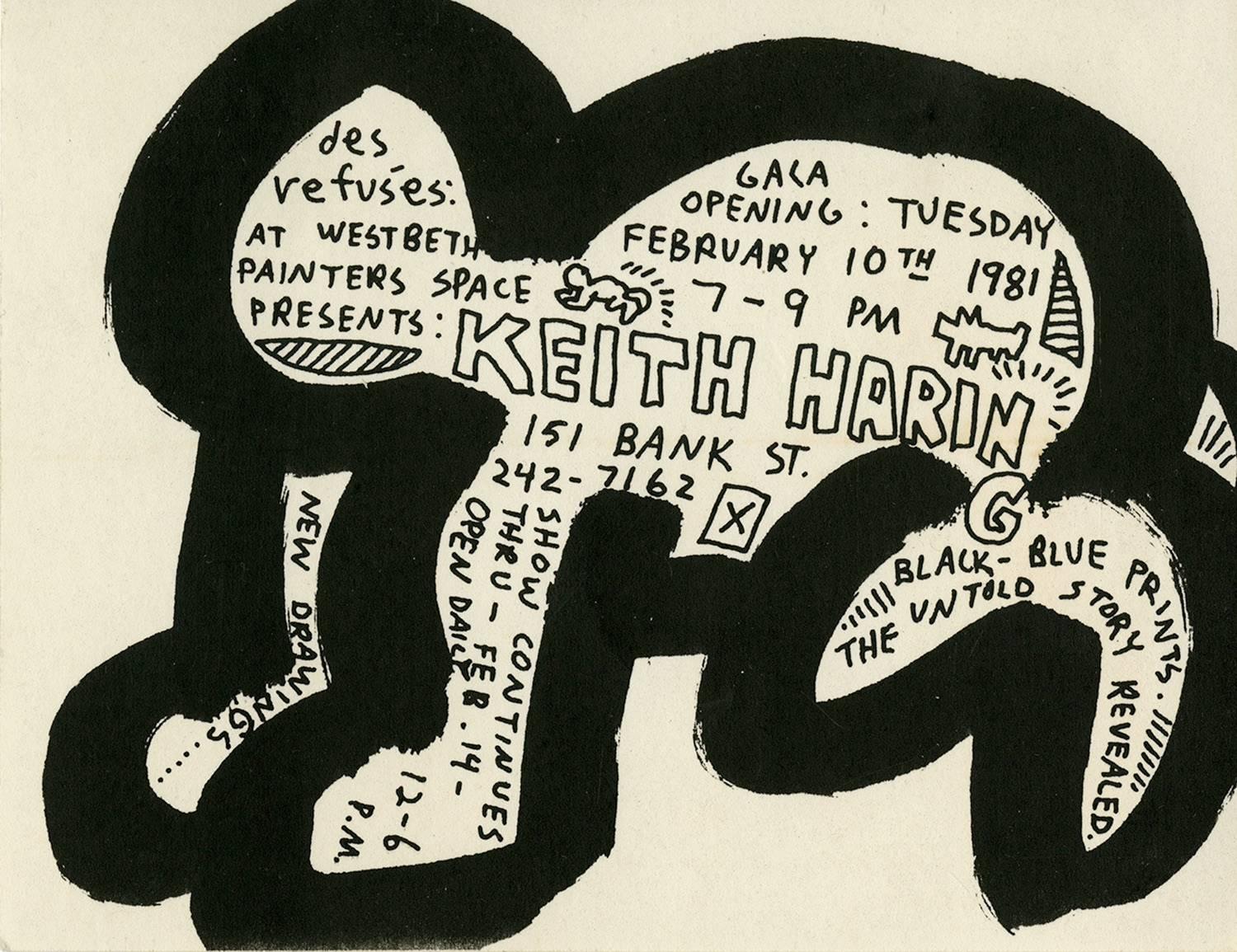 Keith Haring "Des Refusés" Westbeth Painters Space 1981:

RARE original 1981 invitation for Keith Haring's first New York solo show at the historic Westbeth Theater Painters Space in Manhattan. Among the rarest and most highly coveted of all