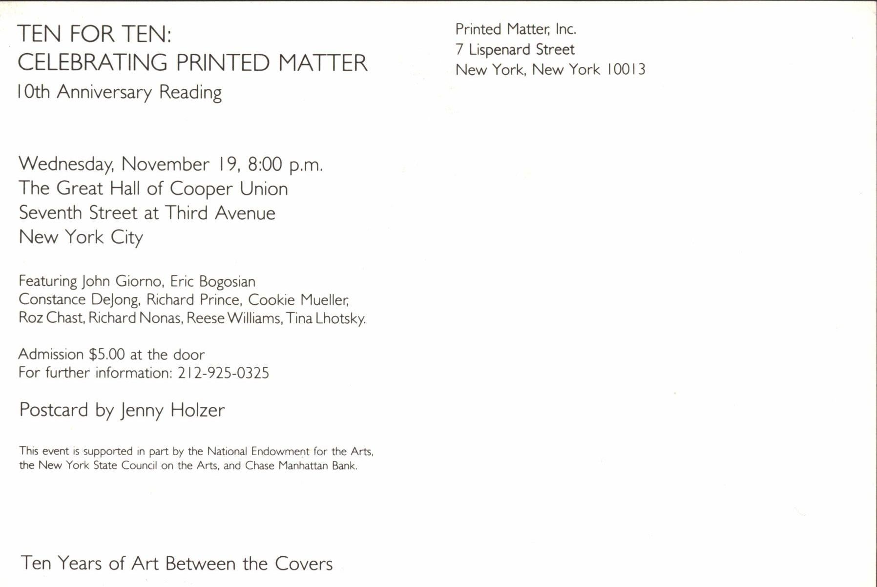 Jenny Holzer Celebrating Printed Matter, New York 1986 (annuncio) in vendita 1