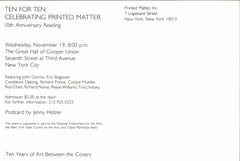 Jenny Holzer Celebrating Printed Matter, New York 1986 (announcement)