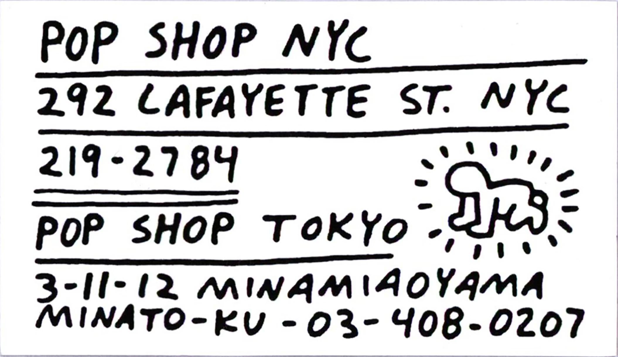 Keith Haring Pop Shop Tokyo/Keith Haring Pop Shop New York:
Rare vintage original Keith Haring 1980s New York/Tokyo Pop Shop card designed by Haring principally for use at his historic Tokyo Pop Shop store. A classic 1980s Keith Haring Pop Shop