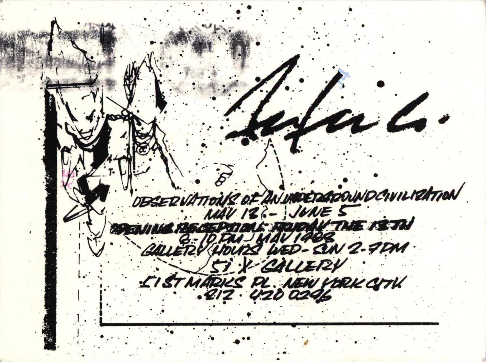 Futura NYC 1988:
A rare 1980s Futura 2000 illustrated & designed announcement card published on the occasion of:

"Observations of an Underground Civilization" at 51X Gallery from May 13 - June 5, 1988; 51 St Marks Pl, New York, NY. Featuring an