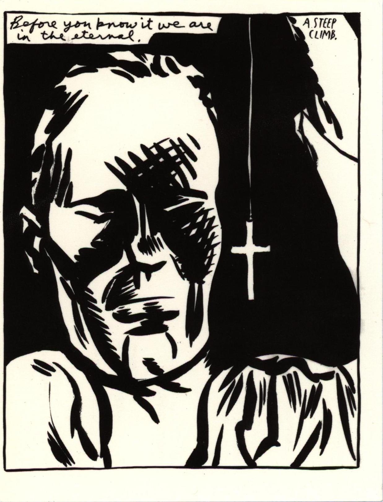 Raymond Pettibon Santa Monica, CA 1999:
Rara cartolina d'annuncio illustrata d'epoca di Raymond Pettibon pubblicata in occasione di:

"Opere di: Pettibon, Kelly, Goldin, Holzer:"
Dal 3 novembre al 1 dicembre 1999:
IKON, LTD./Kaye Richards