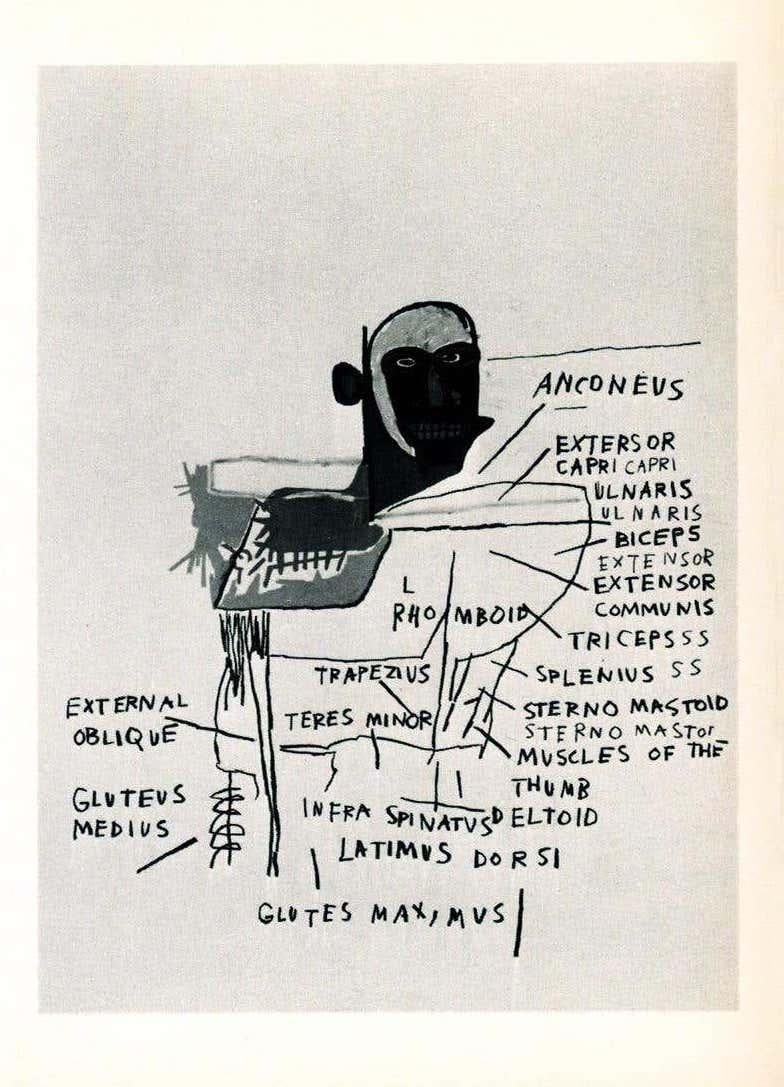 Jean-Michel Basquiat, Annina Nosei Gallery, New York, 1982:
Rare Basquiat announcement card published by Annina Nosei Gallery to advertise the release of ‘Basquiat Anatomy’ (a suite of 18 screen prints). 

Medium: Off-set printed gallery