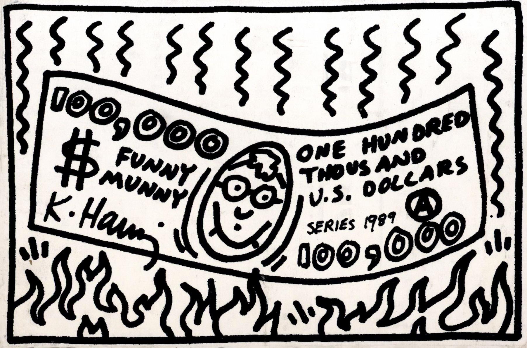 Keith Haring New York City 1989 : 
RARE invitation originale à la fête "Haring House" conçue par Keith Haring en 1989, comportant des illustrations au recto et au verso, en noir, et un texte de Haring comprenant le motif du "billet de 100 000