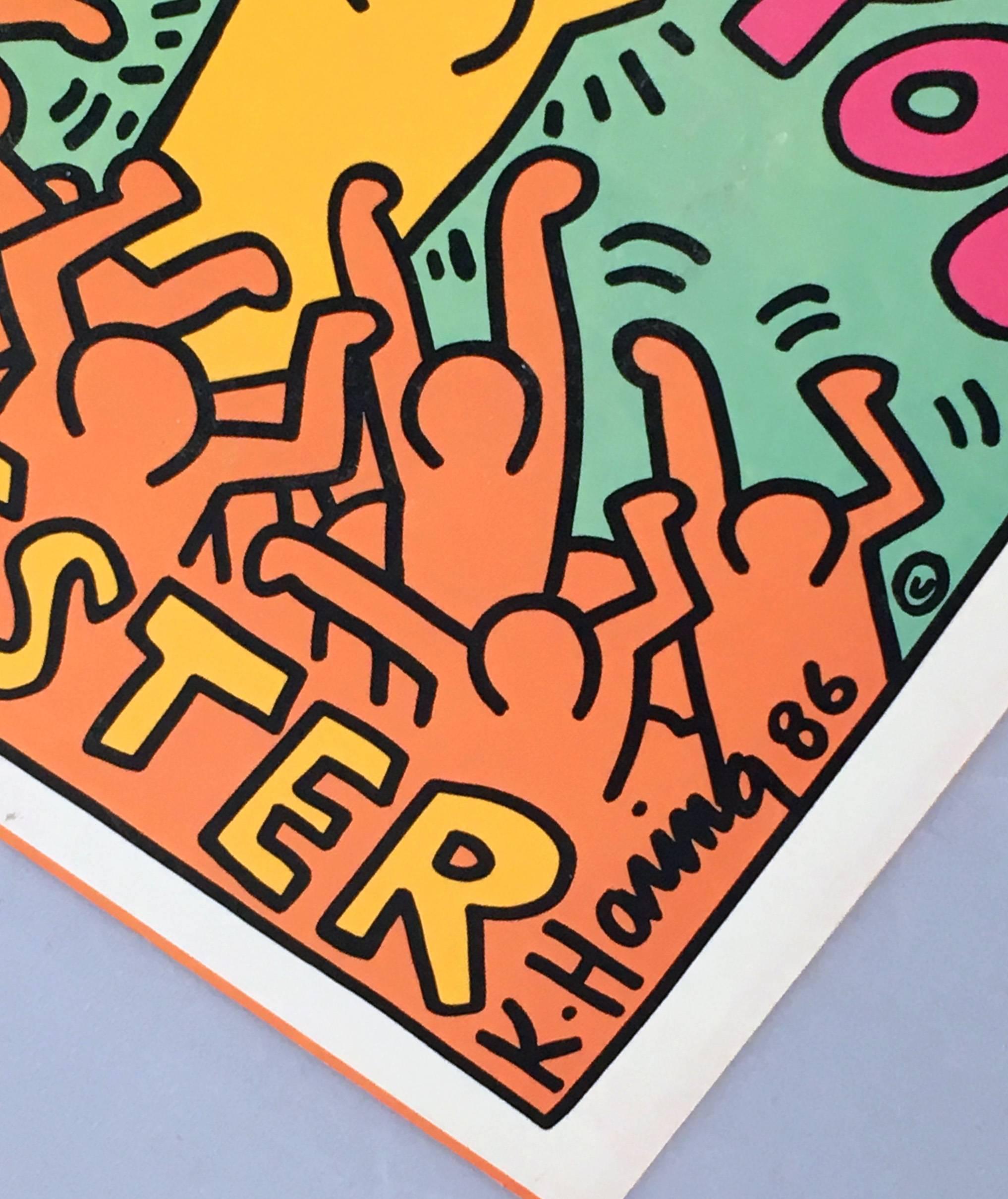 Vintage Vinyl Record Art by Keith Haring with bright, lush colors that make for stand-out wall art within reach

Year: 1986 
Off-Set Lithograph on record jacket, vinyl record 
Dimensions: 7 x 7 inches 
Cover: Bright, bold, crisp colors; very good