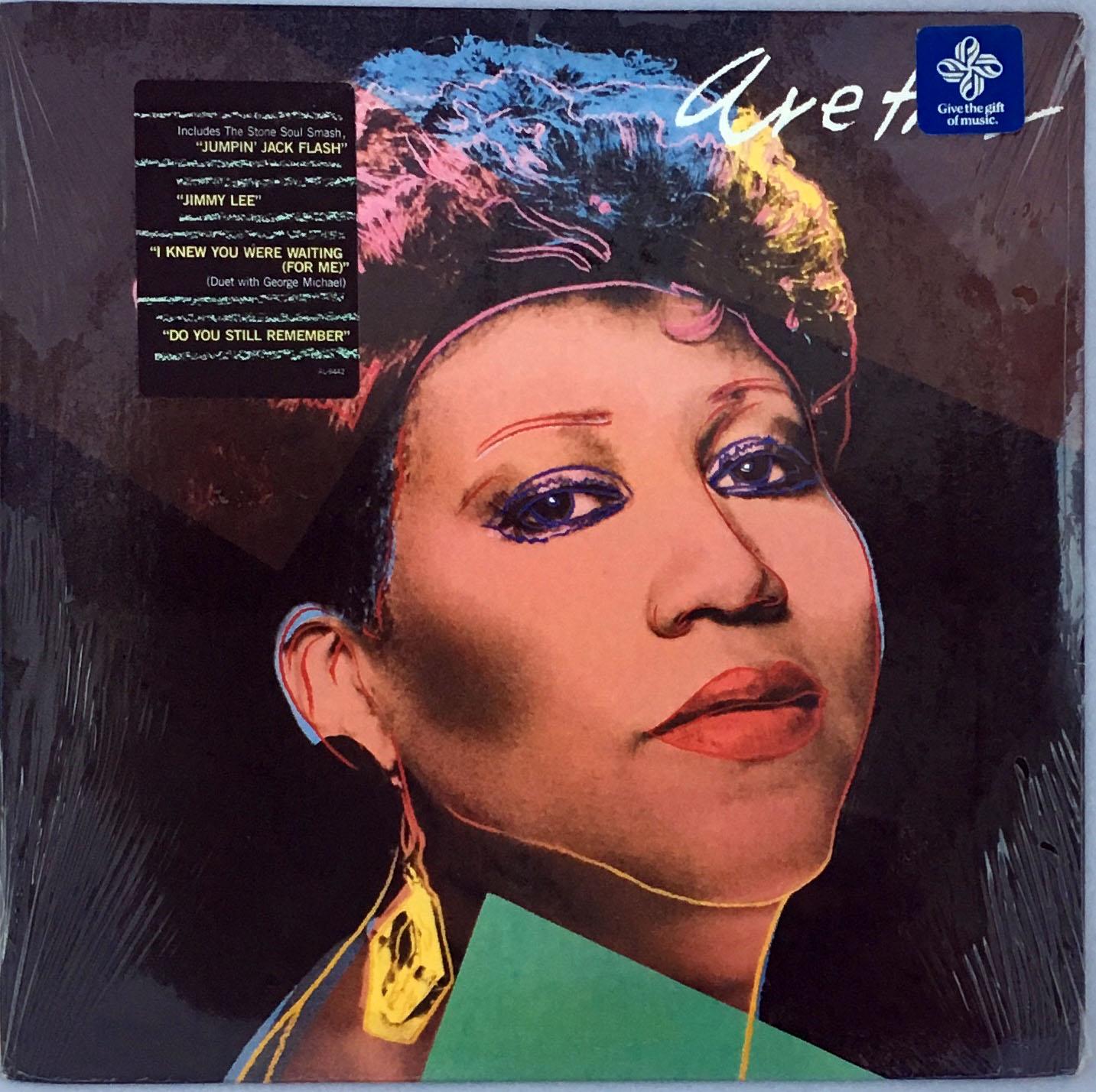 Andy Warhol, Aretha Franklin 1986
Sought-after Aretha Franklin record art illustrated and designed by Andy Warhol. A rare example, new and unopened in its original packaging. 
Offset illustrated by Andy Warhol shortly before his death in 1986.