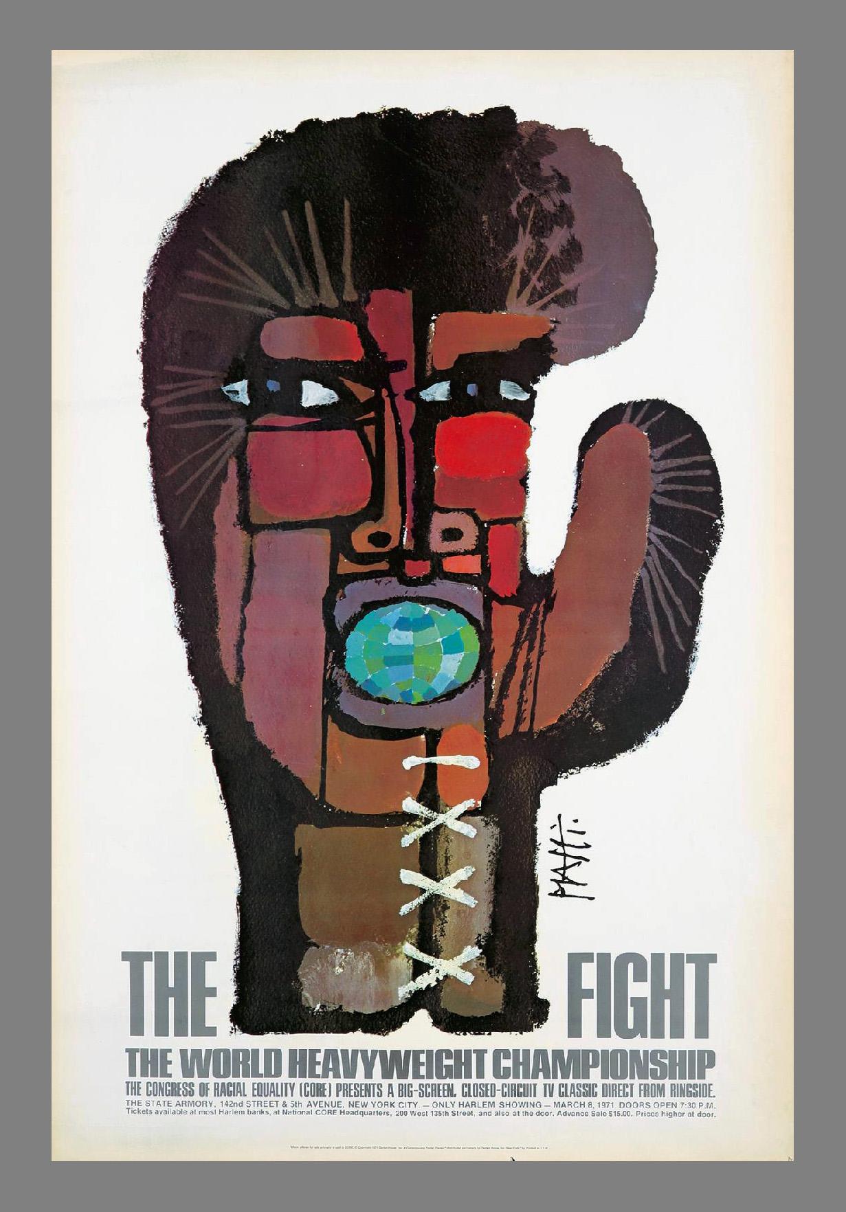 'The Fight' by Celestino Piatti
The 30 x 45 inch poster was created by Swiss artist Celestino Piatti in 1971 to advertise the exclusive viewing in Harlem of the first Ali/Frazier fight on March 8, 1971 at Madison Square Garden. It features a glove