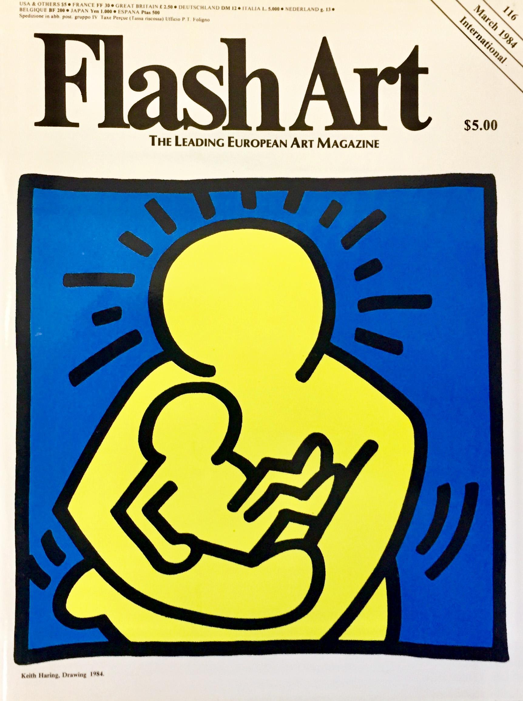 Keith Haring illustrated 'Flash Art' 1984
Rare 1980s Flash Art magazine featuring standout cover art by Keith Haring. A classic, vintage Haring collectible that would look fantastic framed. Rare. 

Offset-printed; 9 x 12 inches
Feature story on