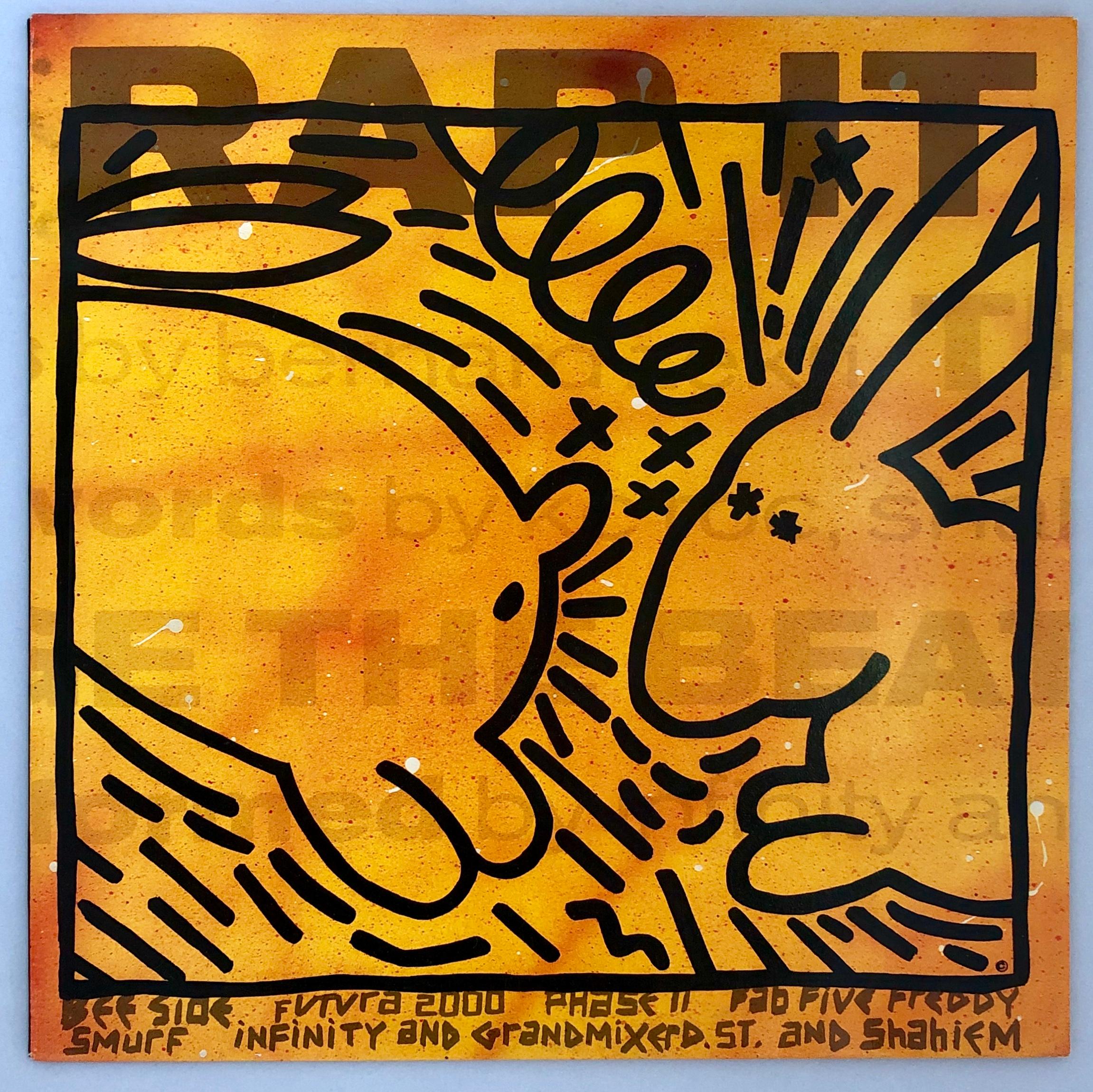 Keith Haring 'Rap It' record art 1983
A rare  vinyl art cover featuring original artwork by Keith Haring and Futura 2000 (reverse side). Truly vibrant colors that make for stand-out wall art. Looks very cool framed. 

In 1983 Material did some