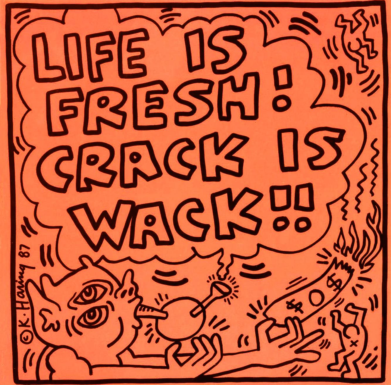 Keith Haring: „Lebens ist frisch“ Crack ist abgefahren! 1987 
Seltenes Album aus den 1980er Jahren mit Original-Kunstwerken von Keith Haring. 

Die Titelbildillustration von Haring:: die hier für seinen damaligen Freund Bipo angefertigt wurde:: ist