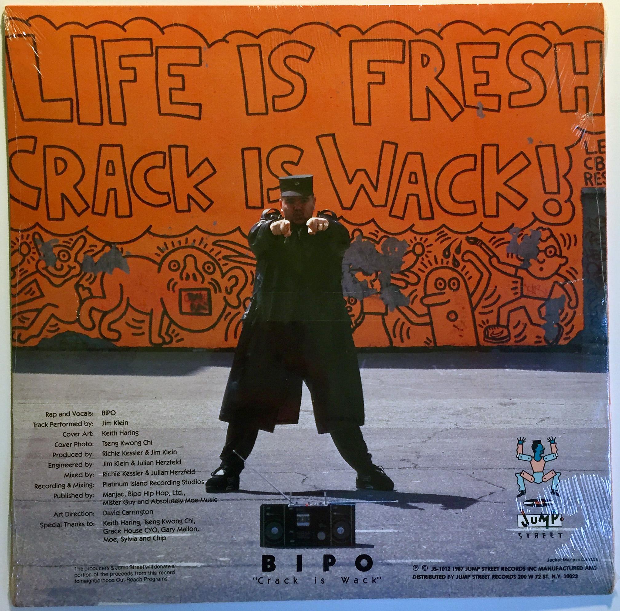 Keith Haring “Life is Fresh! Crack Is Wack!” 1987
Rare 1980s record album featuring original artwork by Keith Haring. 

Haring's cover illustration here for his friend at the time, Bipo, is inspired by his famous 1986 Harlem mural by the same title