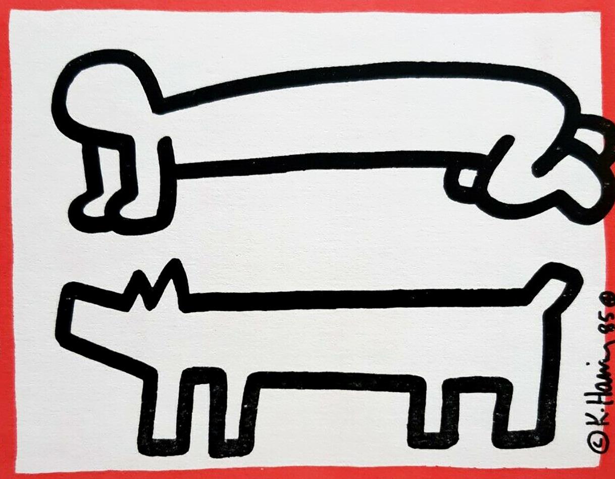 Vintage-Ankündigungskarte von Keith Haring aus den 1980er Jahren:: Club DV8 San Francisco 1987: 
Eine seltene Siebdruck-Ankündigungskarte:: entworfen von Haring in Verbindung mit dem 2. Jahrestag der "Keith Haring DV8 Construction Party":: Freitag::