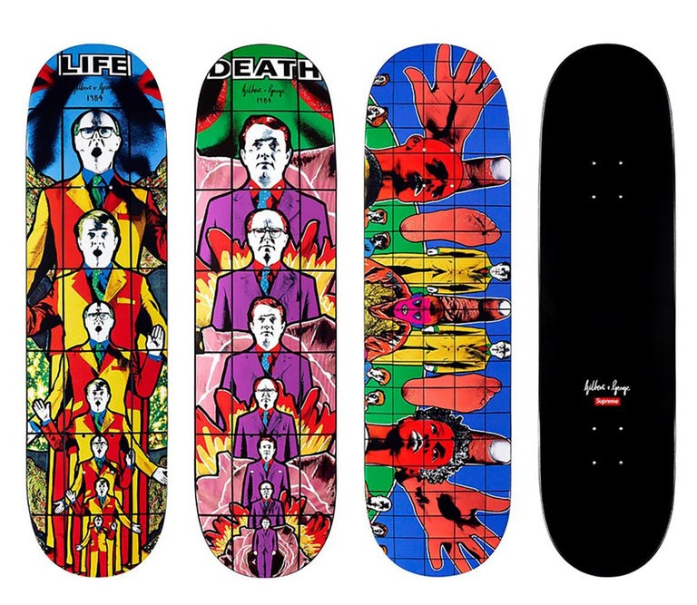 Complete Set of 3 Gilbert & George Supreme Skateboard Decks (New in original packaging):
A stand out skate triptych paying homage to Gilbert & George's 1984 Pictures series, through which Gilbert & George applied bold colors to a series of