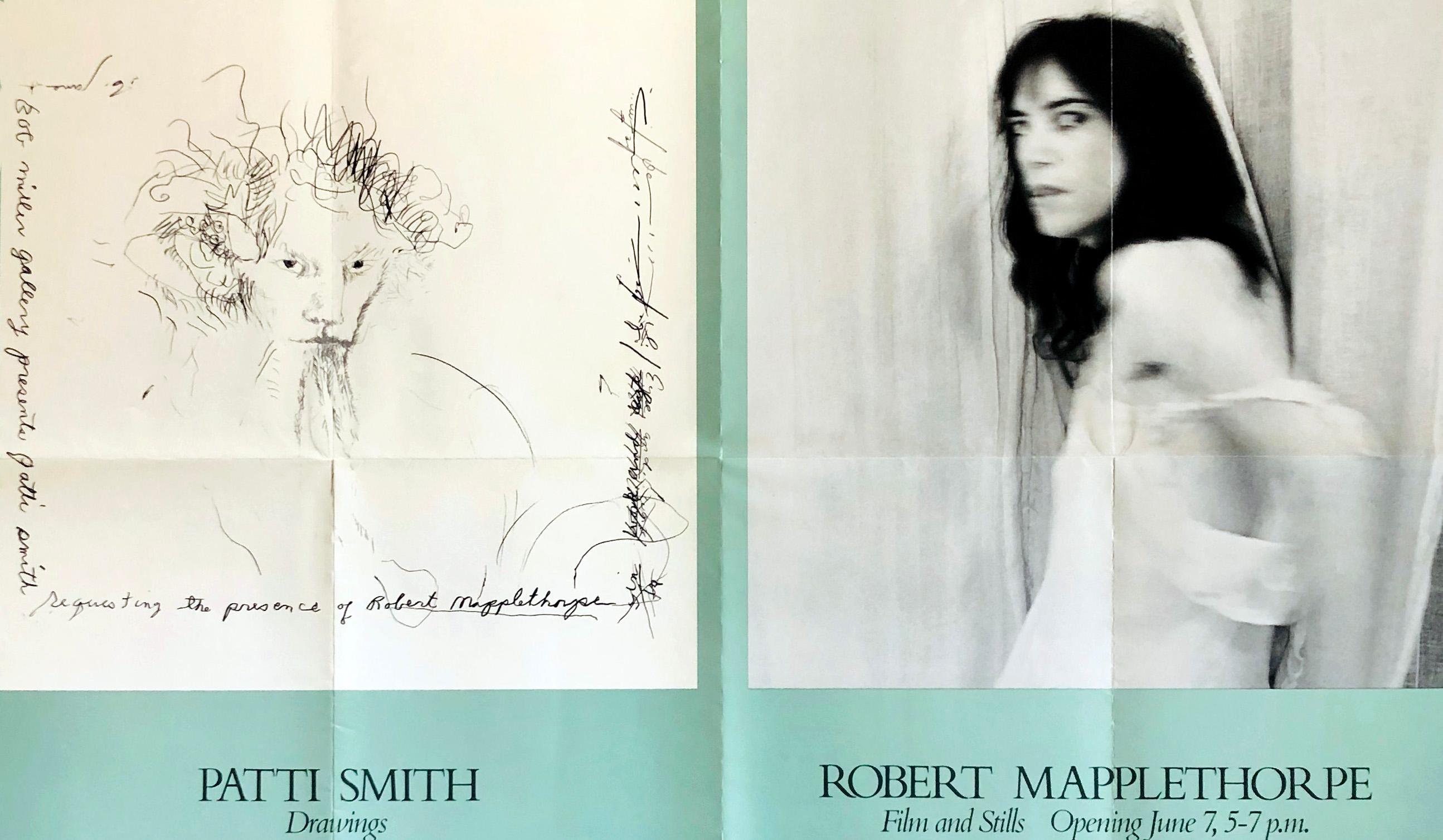 Original 1970s Patti Smith Robert Mapplethorpe Exhibition Poster:
Published on occasion of, 'Patti Smith Drawings / Robert Mapplethorpe Film and Stills: Robert Miller Gallery, New York, June 7 1978.' Features offset images of a Mapplethorpe drawing