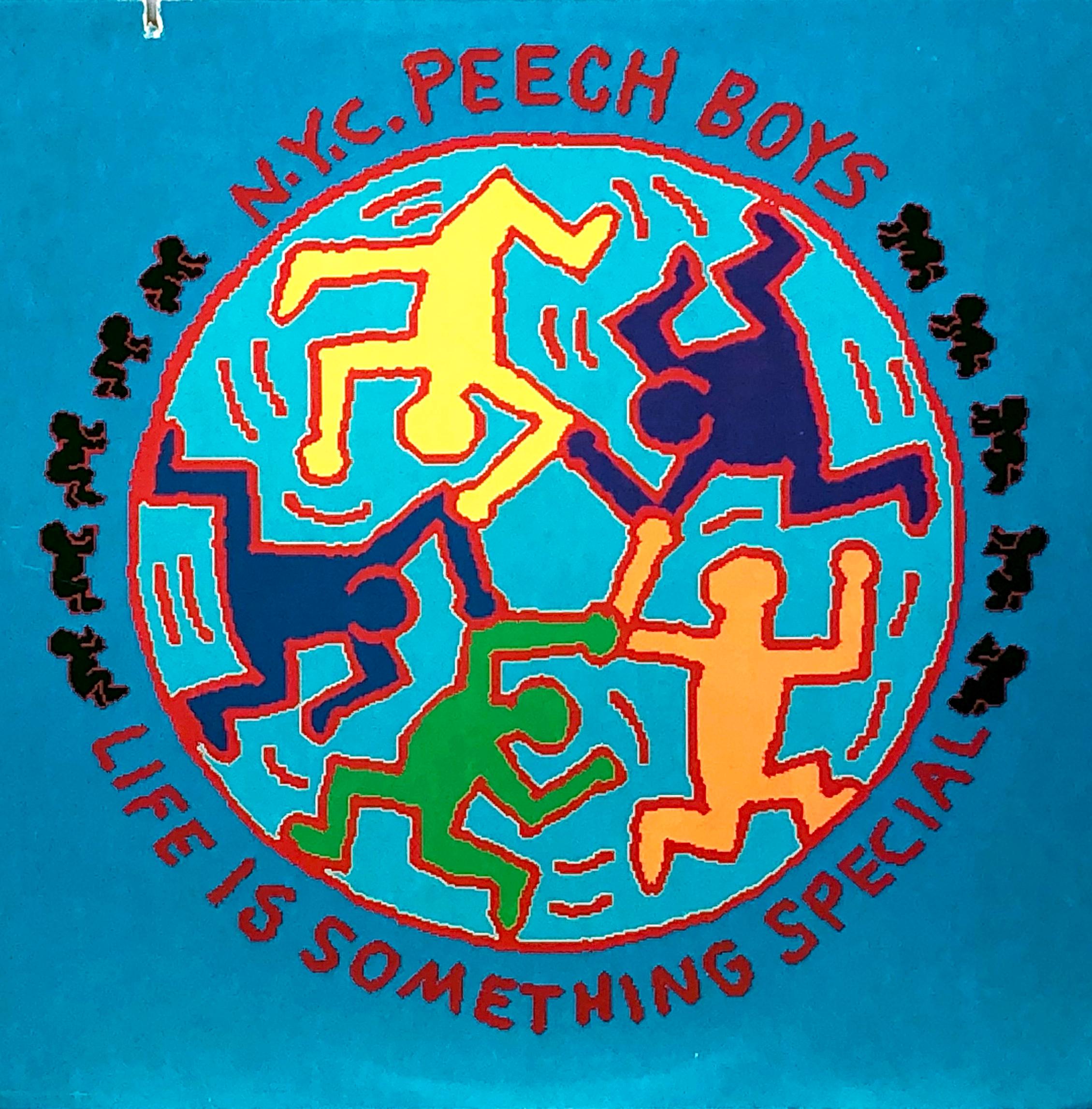 Vintage Vinyl Record Art by Keith Haring with vivid colors that make for stand-out wall art within reach.

Year: 1983
Off-Set Lithograph on record jacket, vinyl record. 
Dimensions: 12 x 12 inches. 
Cover: Bright, crisp colors; very good to