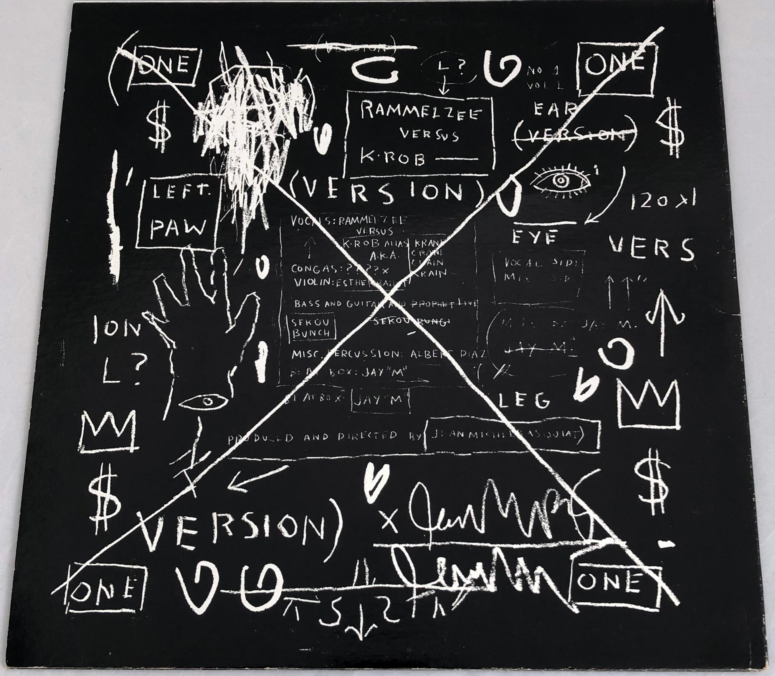Basquiat Record Art
2001 2nd pressing released in limited quantity.  Beat-Bop, is a 10-minute track synthesizing various instruments and rhyming patterns, for which Basquiat produced and designed the original artwork for in 1983.  

Offset