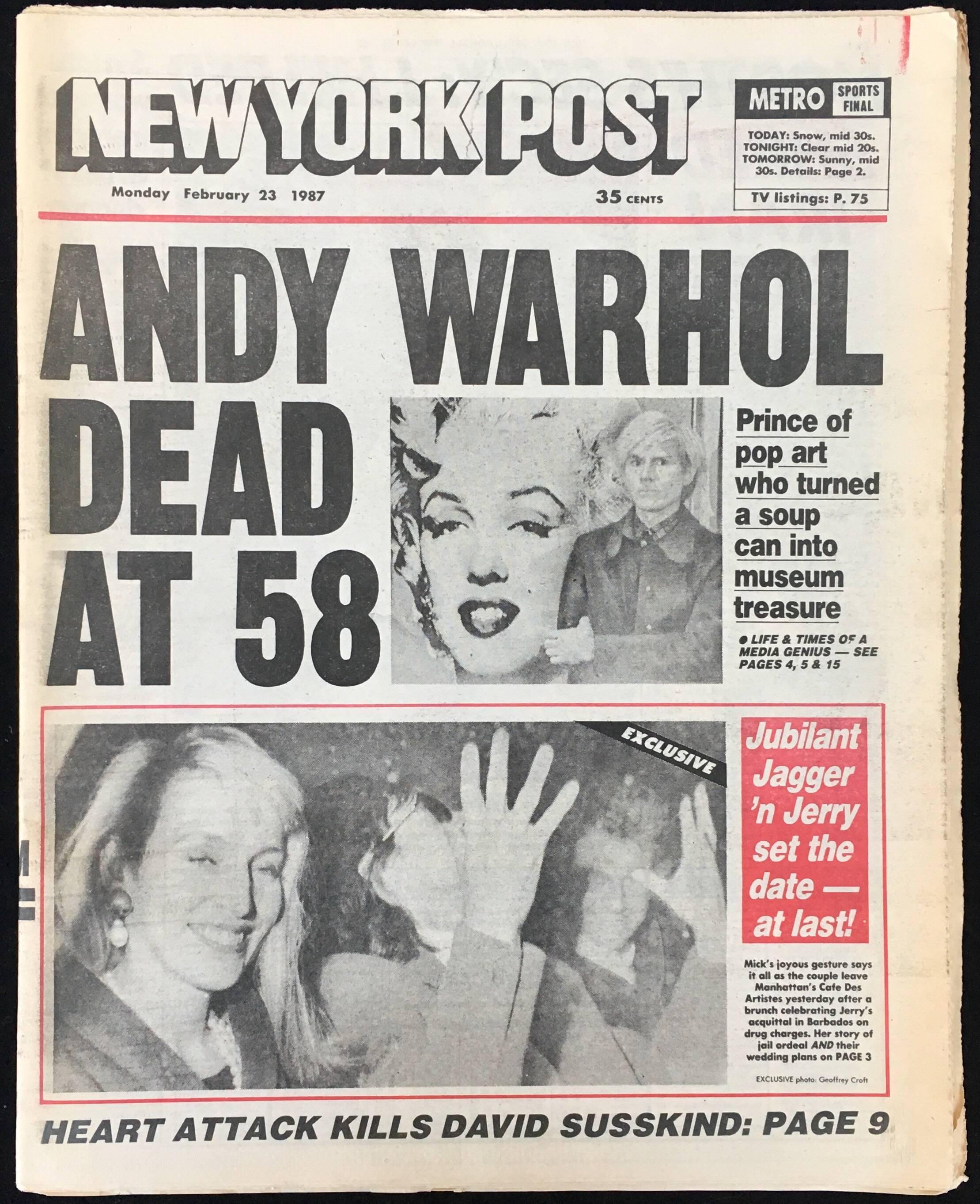 "Andy Warhol Dead at 58" (Warhol death New York Post 1987)  - Art by (after) Andy Warhol