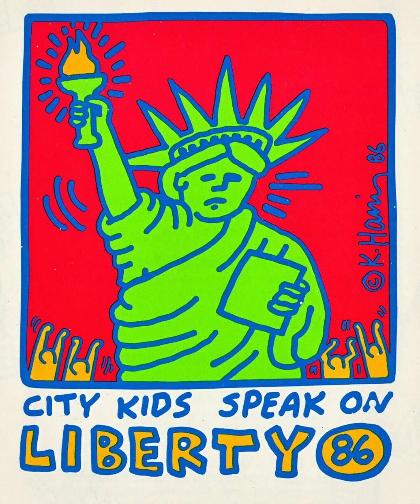 Keith Haring for New York CityKids, 1986.
Rare vintage 1986 sticker illustrated by Keith Haring for the CityKids coalition in New York:
"City Kids Speak on Liberty" New York, 1986 sponsored by Burger King.

Offset printed sticker featuring a Classic