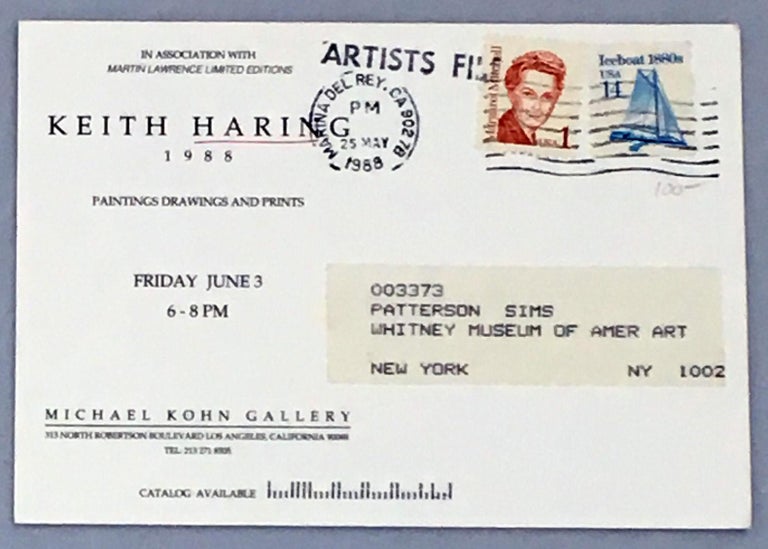 Keith Haring at Michael Kohn Gallery, Los Angeles, 1988:
Rare vintage 1980s Haring announcement card produced during the artist's lifetime. 

Offset printed gallery announcement. 
Approximate dimensions: 4.25 x 6 inches. 
Minor surface wear in a few