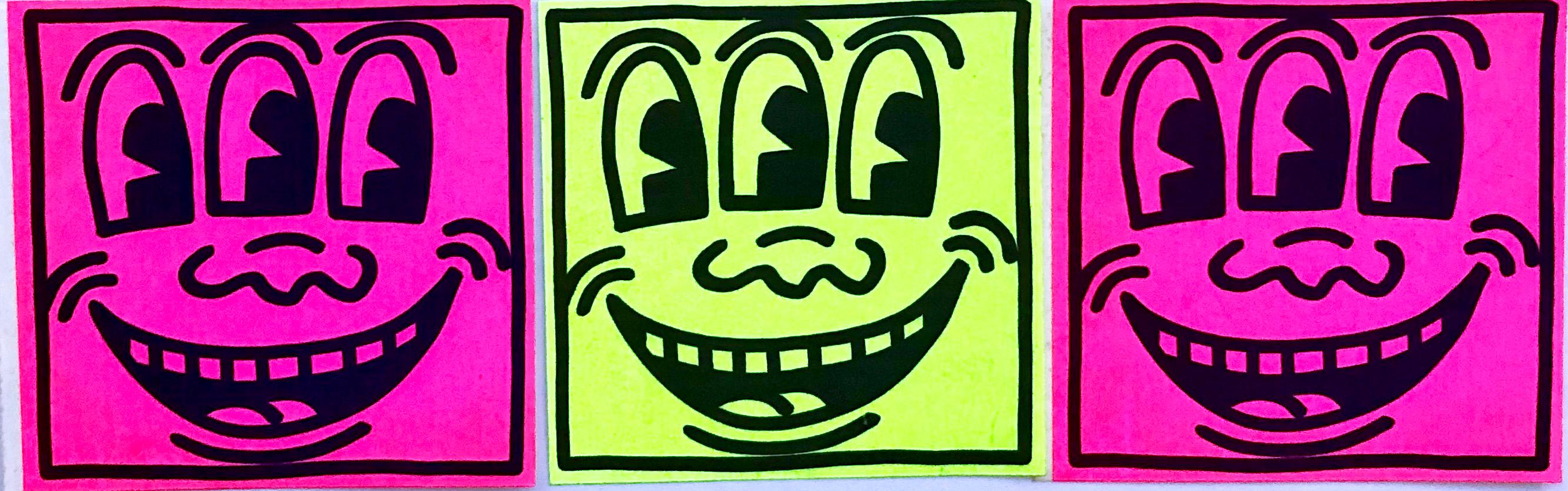 Keith Haring Three Eyed Smiling Face: Set of 3 stickers c.1982.

Originally given out at Haring's first solo exhibit in 1982 and later sold at Haring's New York Pop Shop circa the mid 1980s. 

Medium: Vintage self-adhesive stickers featuring