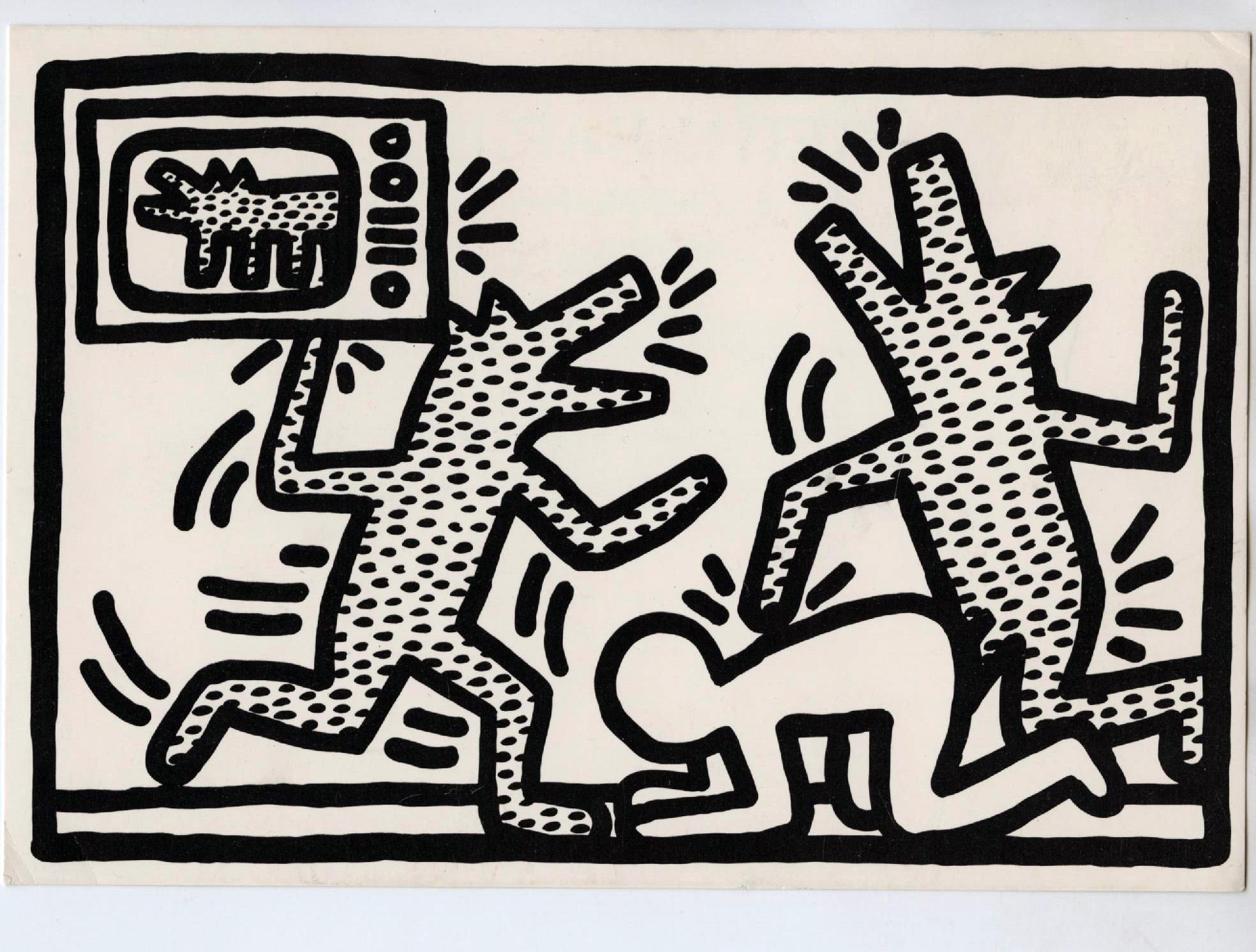 Keith Haring at Barbara Gladstone 1982:
Original announcement card for the Keith Haring Barbara Gladstone exhibition/print release, Keith Haring 6 Lithographs, New York, September 14 to October 9, 1982.

Medium: offset printed gallery