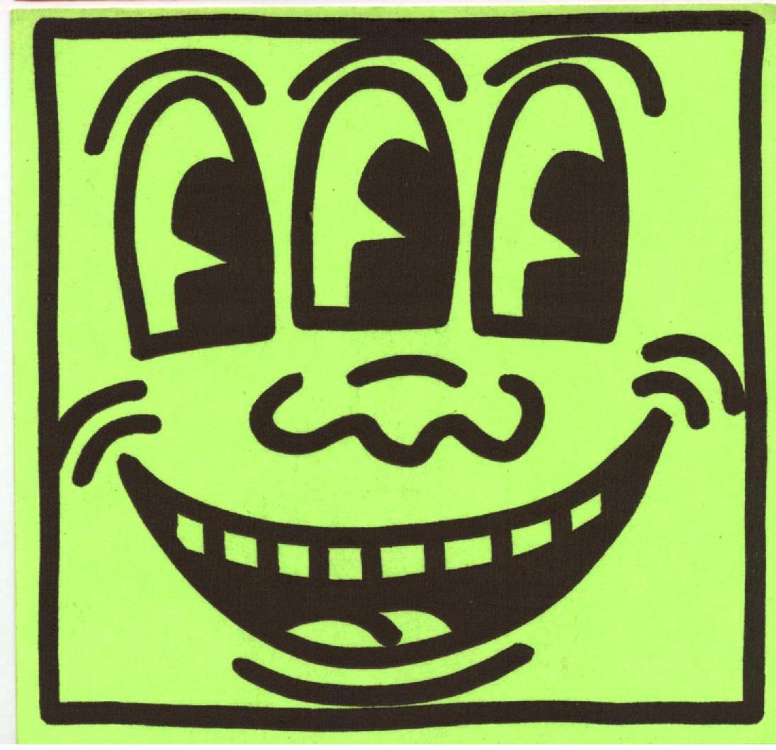 Keith Haring Three Eyed Smiling Face: Set of 2 stickers c. 1982:
A set of 2 vintage Keith Haring 1980s Pop Shop stickers Neon Pink and Neon Green Three Eyed Smiling stickers. Sold at Haring's New York Pop Shop circa mid 1980s and originally given