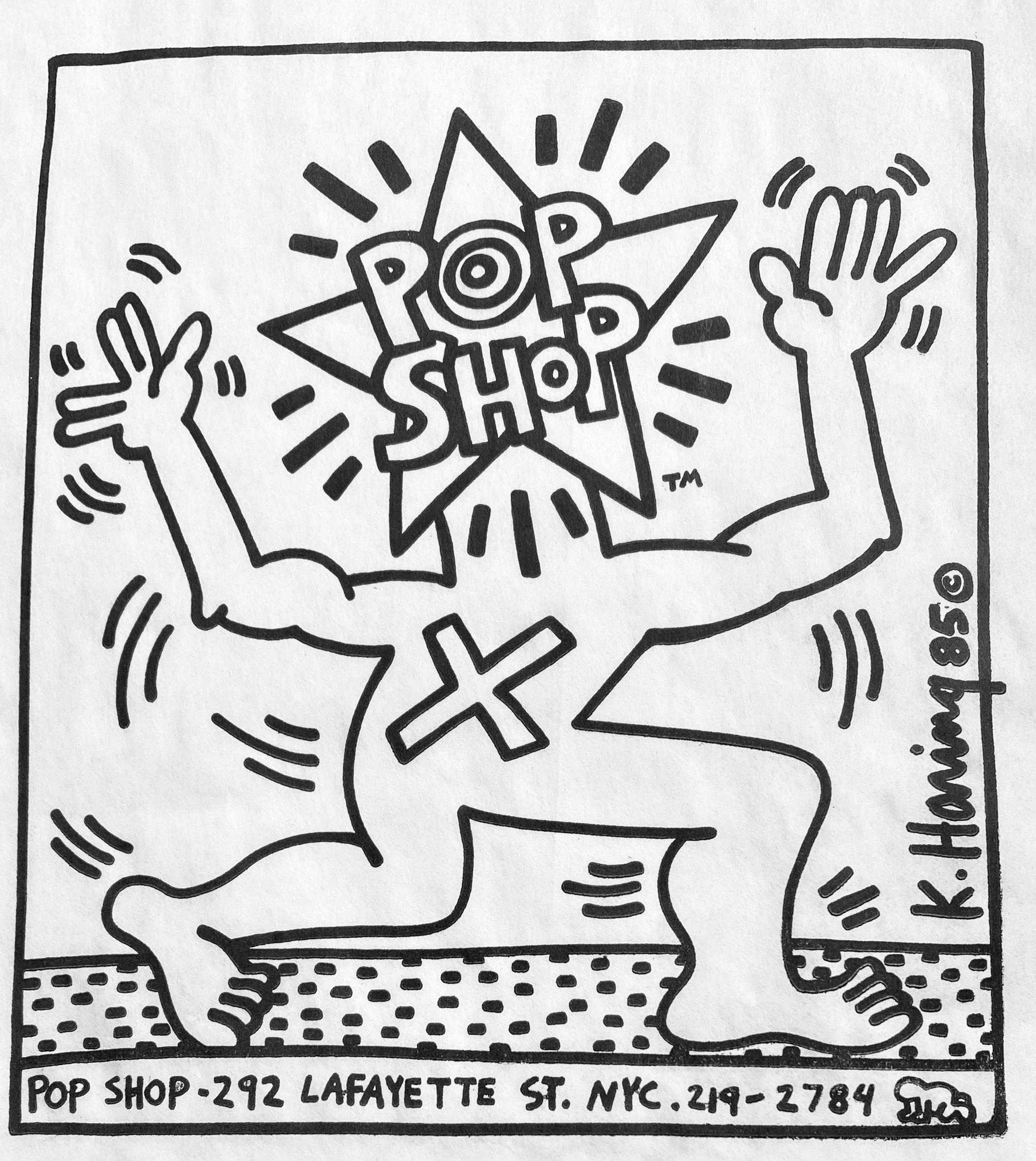 Vintage Keith Haring 1980s Pop Shop bag off-set illustrated by Haring. A classic Haring Pop Shop collectible that is well-suited for framing. 

Medium: Offset lithograph on whiter paper bag. c.1986.
Approximately 8.5 x 11 inches. 
Good to very good