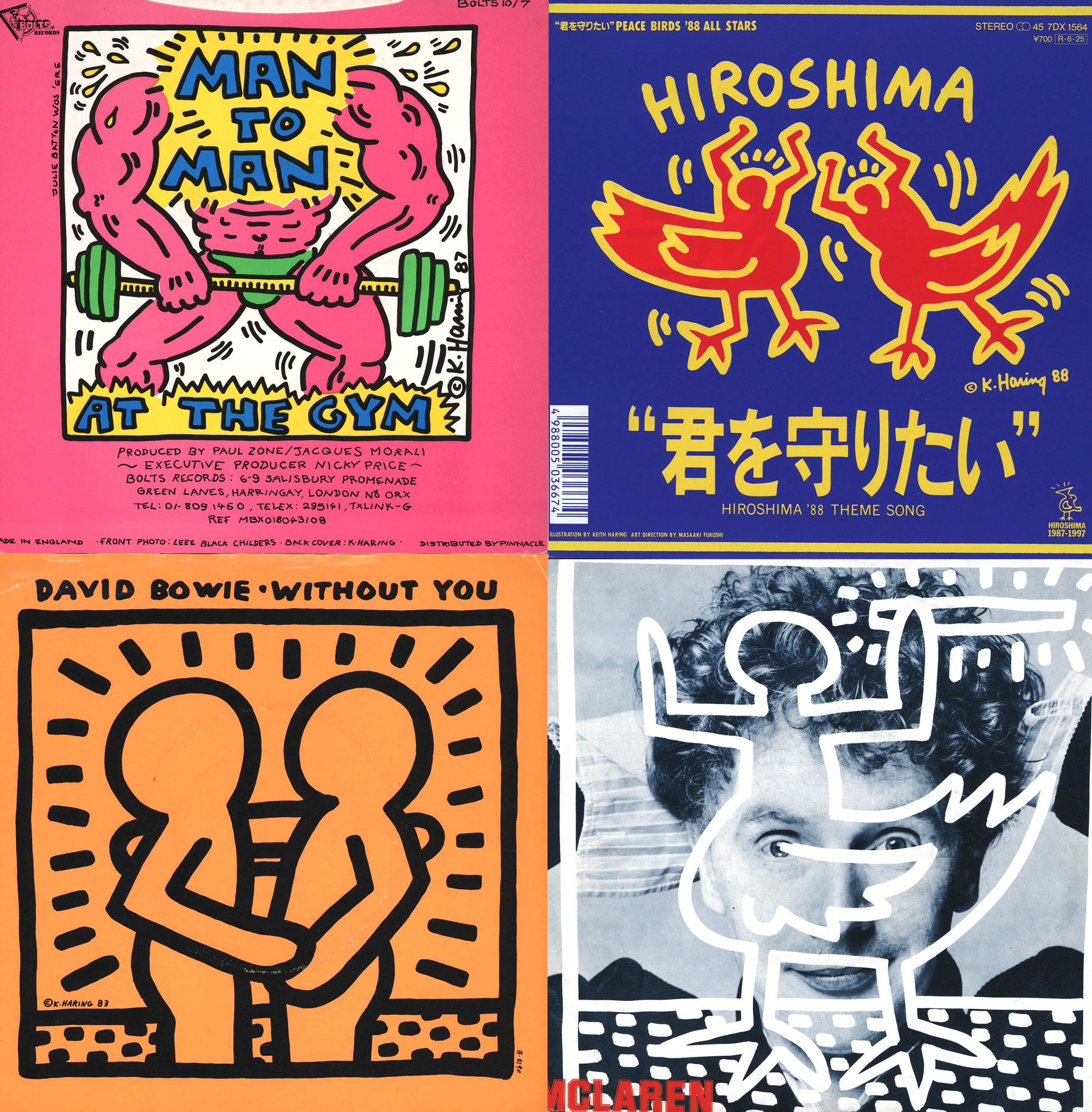 Rare Vintage 1980s Keith Haring Record Cover Art: (Set of 4: 1983-1988):

Four individual 7 inch albums - all illustrated by Haring during his lifetime - making for standout 1980s Keith Haring wall art within reason.

Offset lithograph; 7 x 7 inches