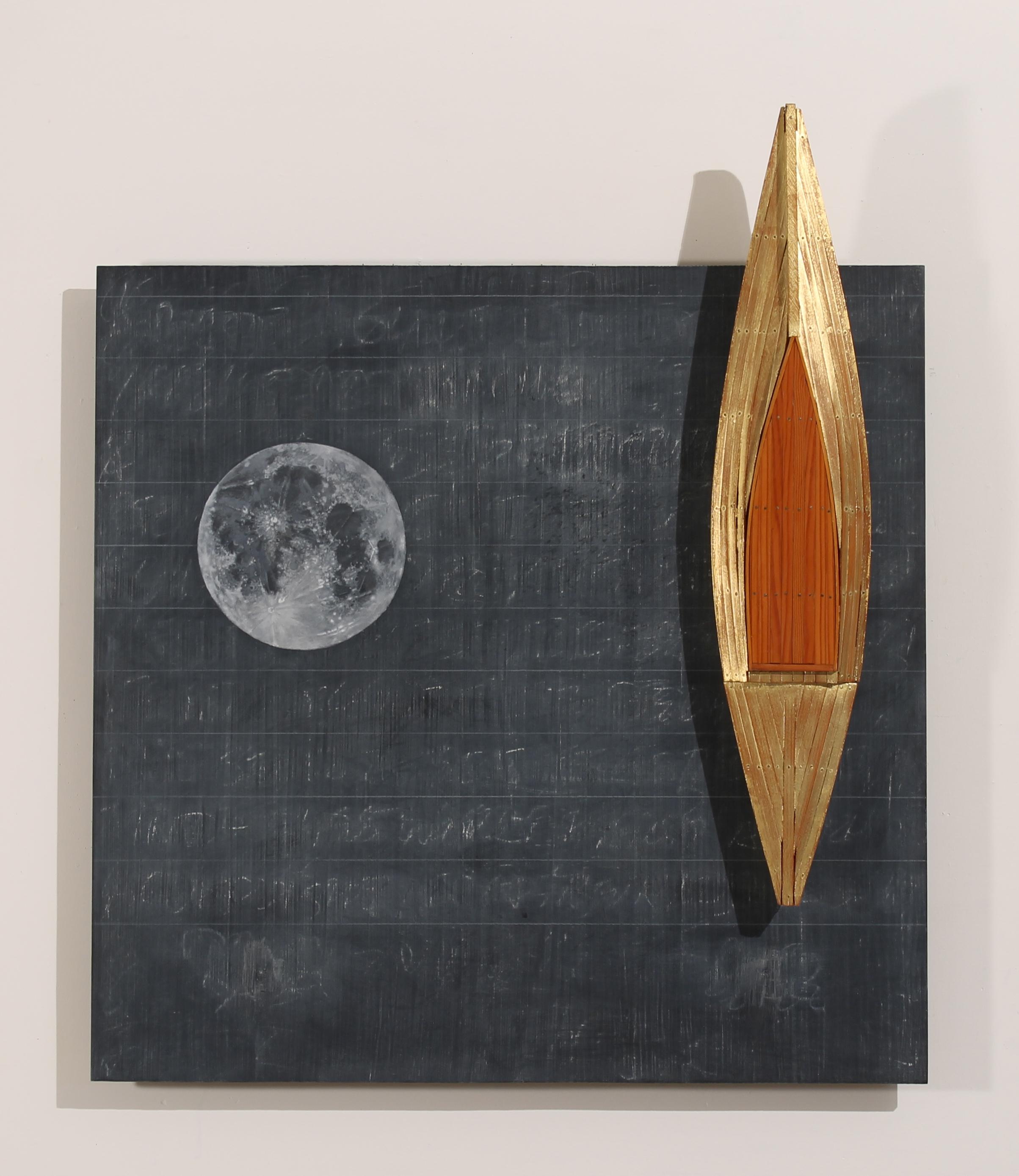Blackboard/Full Moon/Gold Boat - Mixed Media Art by David Ruddell