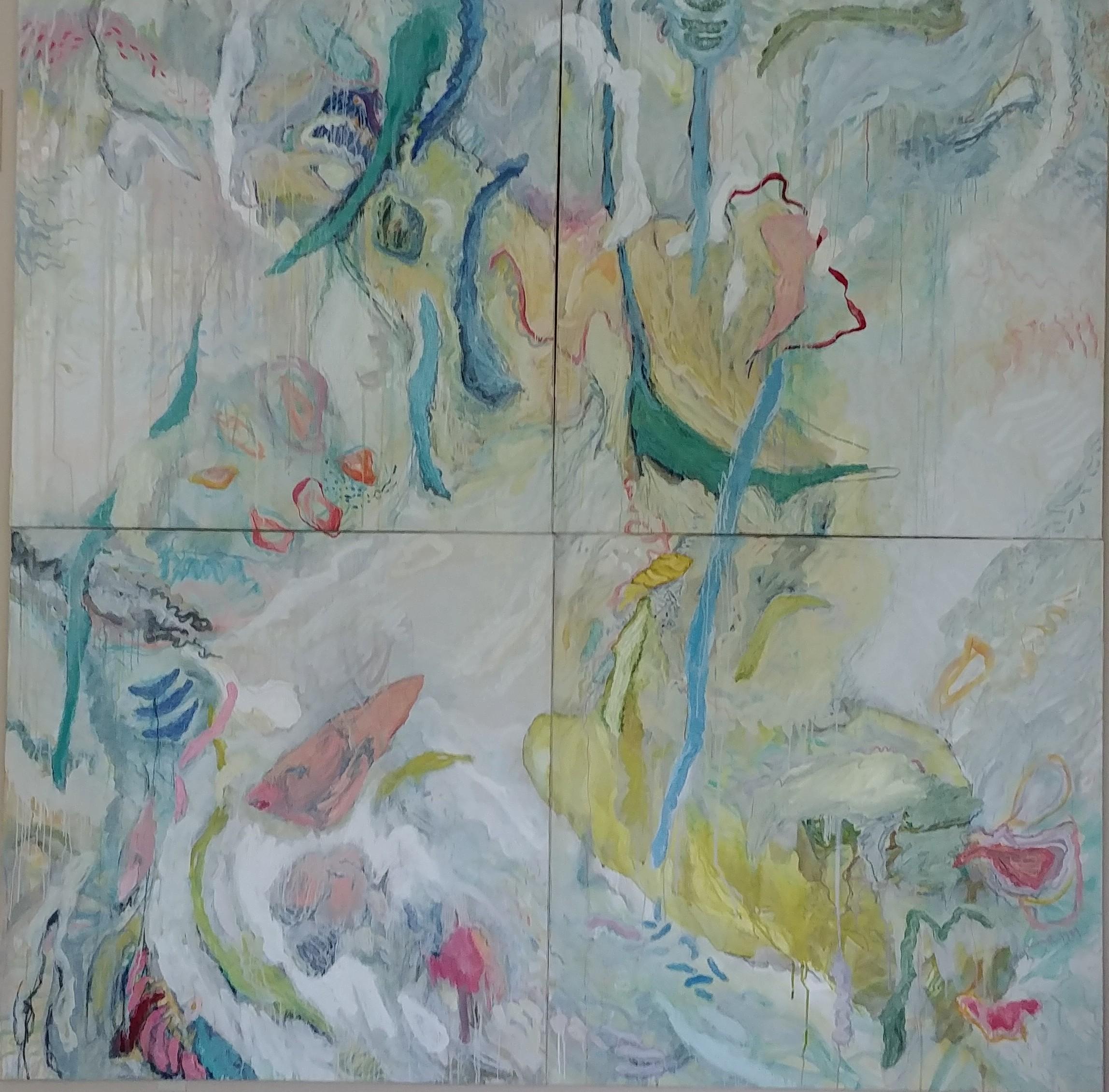 River of Life -quadriptyque en verts, blancs et jaunes 102" X 102"