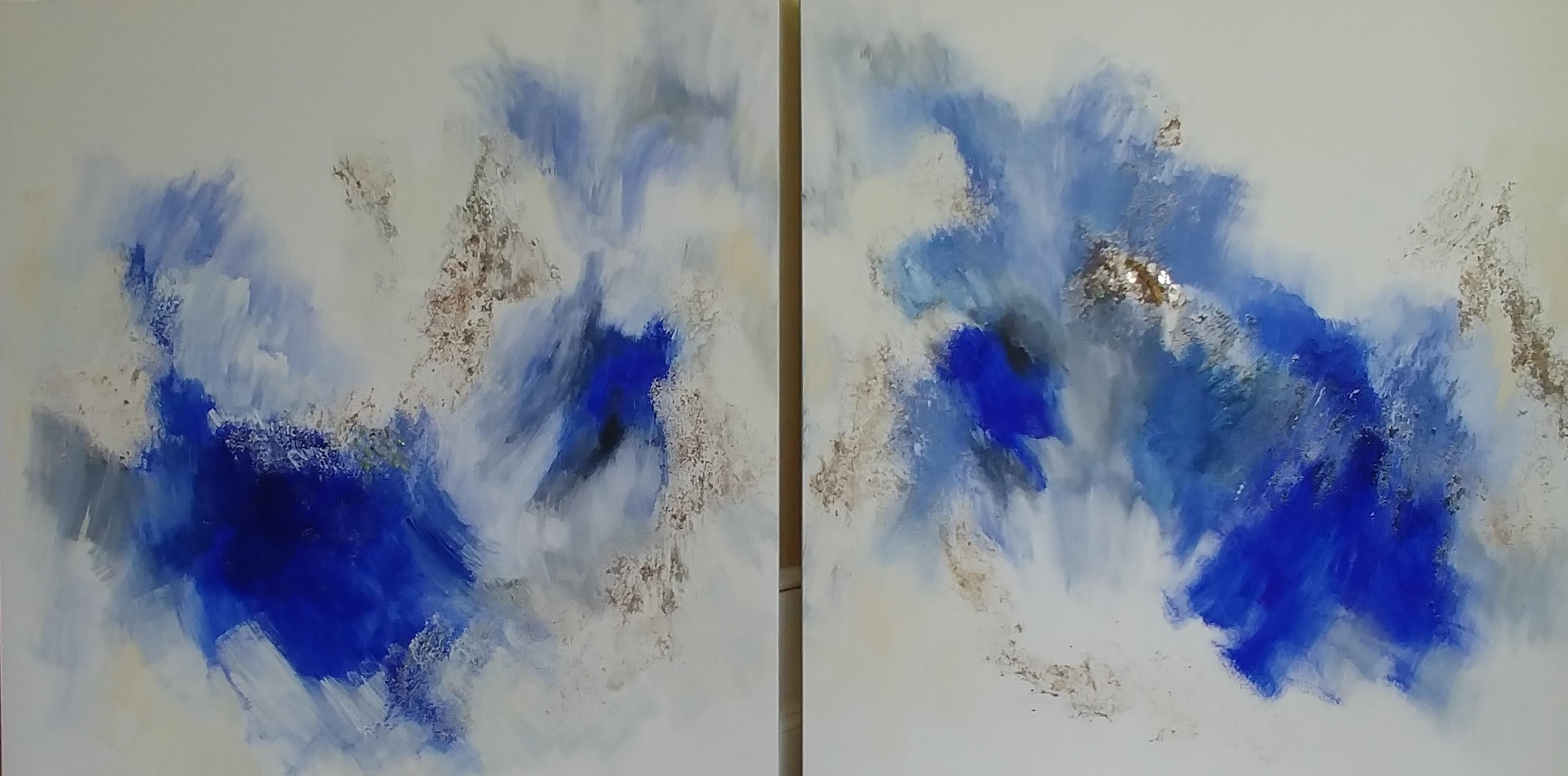 Joy in the Morning-Deep Blaues abstraktes Diptychon mit Fool's Gold 48"X96"
