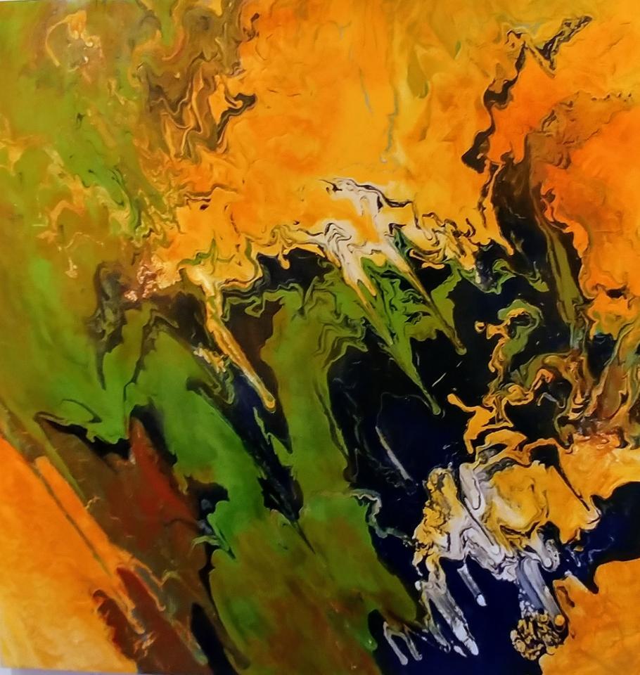 Abstract Painting Nancy Seibert - The Awakeninging-Orange & Green 48 X 48