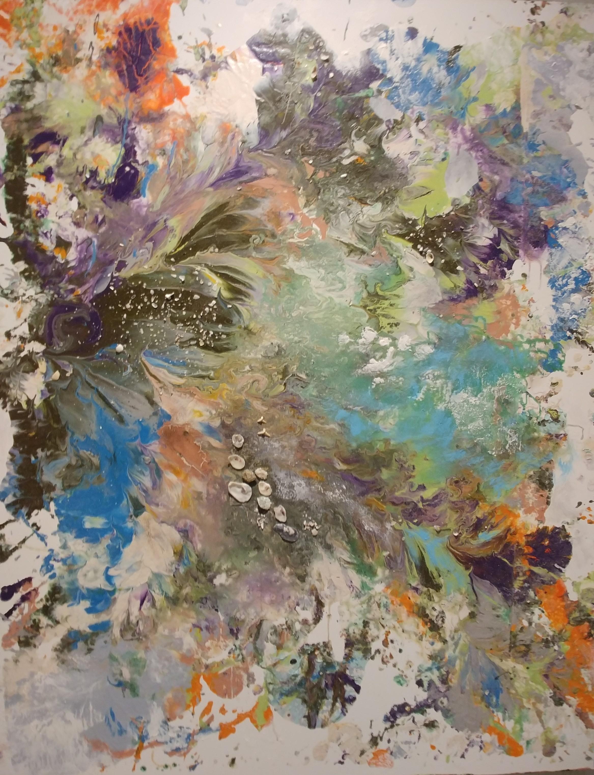 Nancy Seibert Abstract Painting - Water Goddess - Grey. blues, orange and purple 60 X 48 mixed media