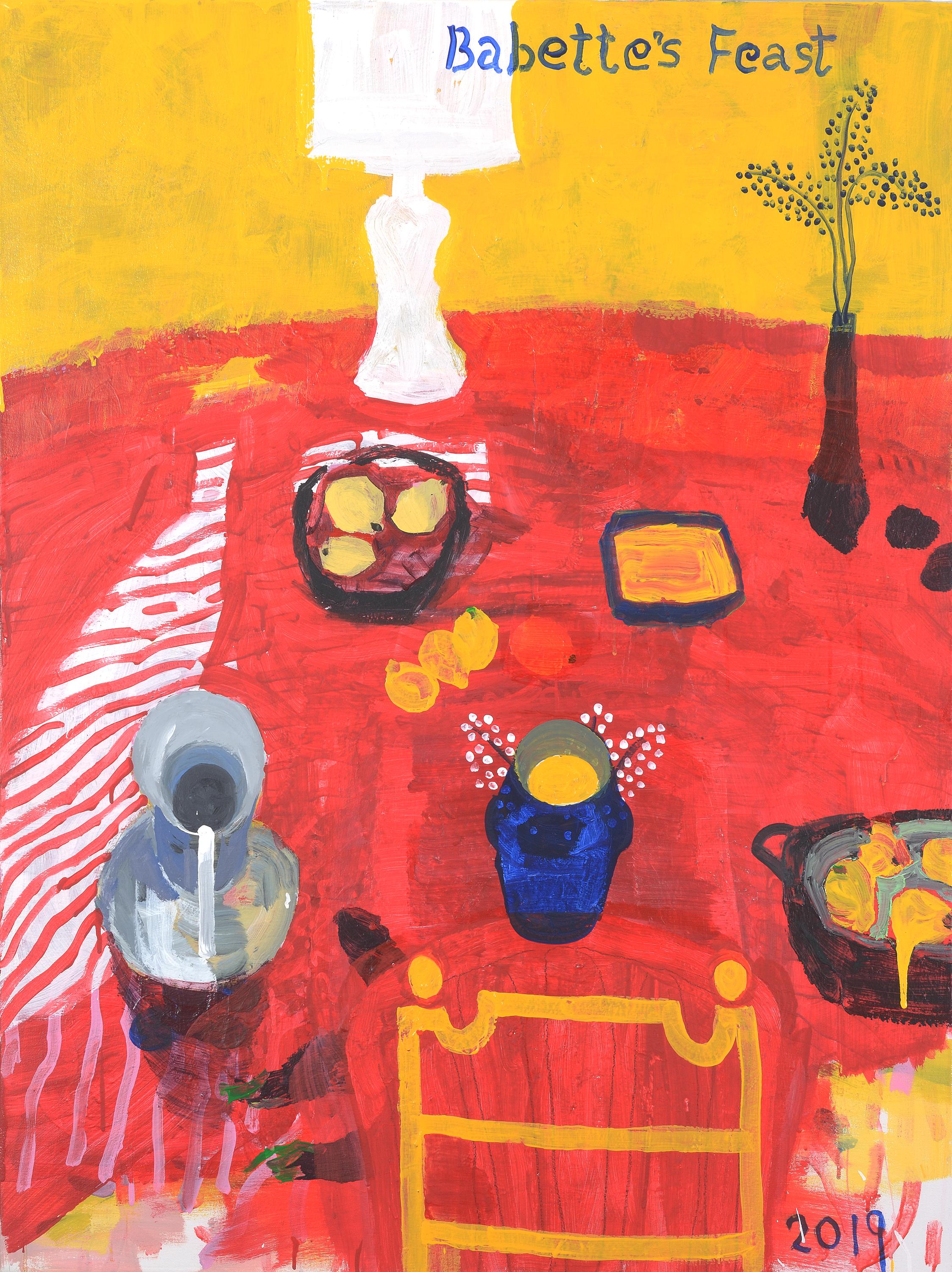 Patricia Zinsmeister Parker Still-Life Painting - Babette"s Feast - Red and Yellow 48 X 36