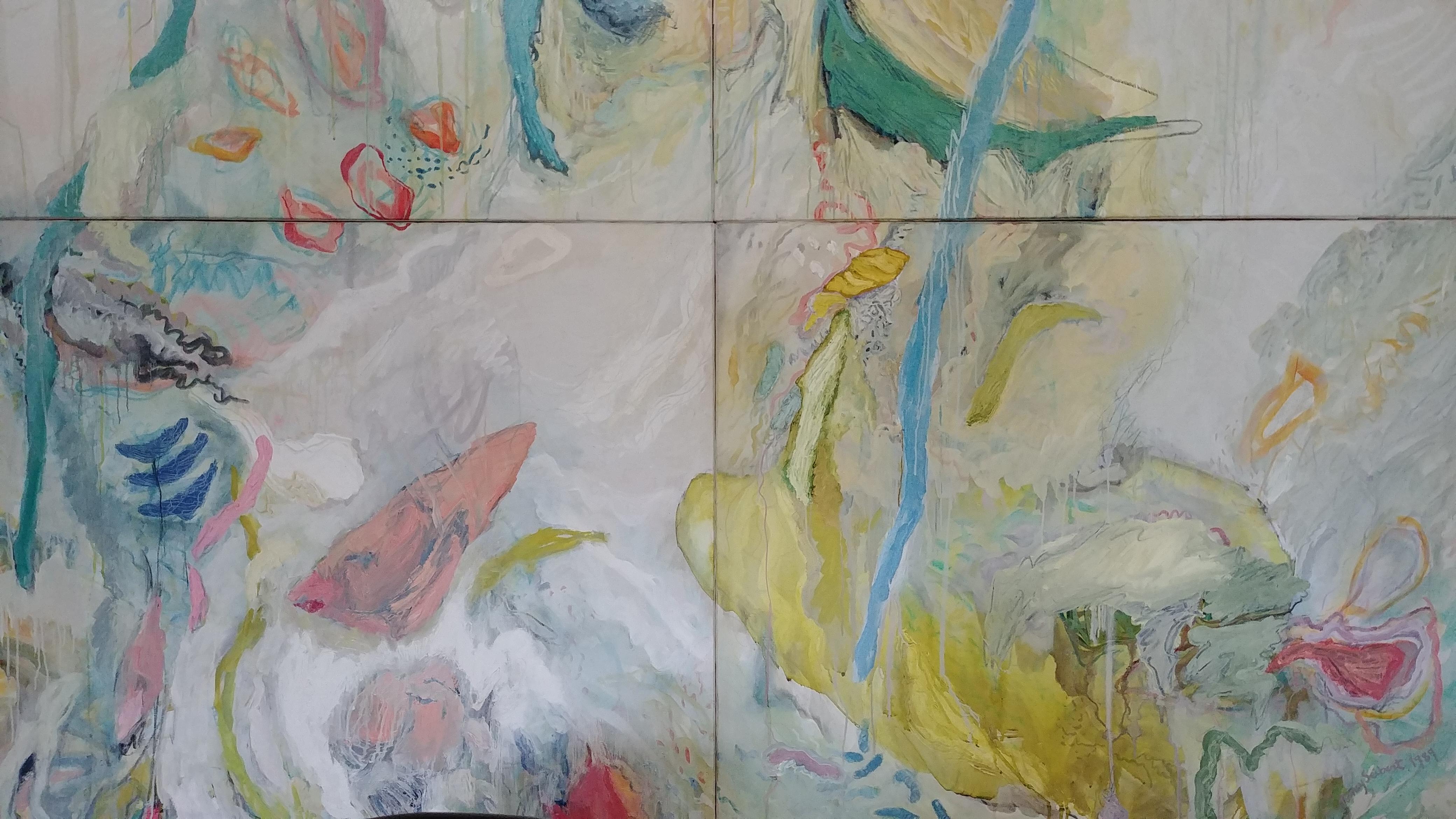 River of Life è un trittico. I quattro pannelli in verde, bianco e giallo misurano ciascuno 51 X 51 pollici, per un totale di 102 X 102 pollici.
Nancy Seibert ha iniziato i suoi studi artistici a Washington D.C. presso la George Washington