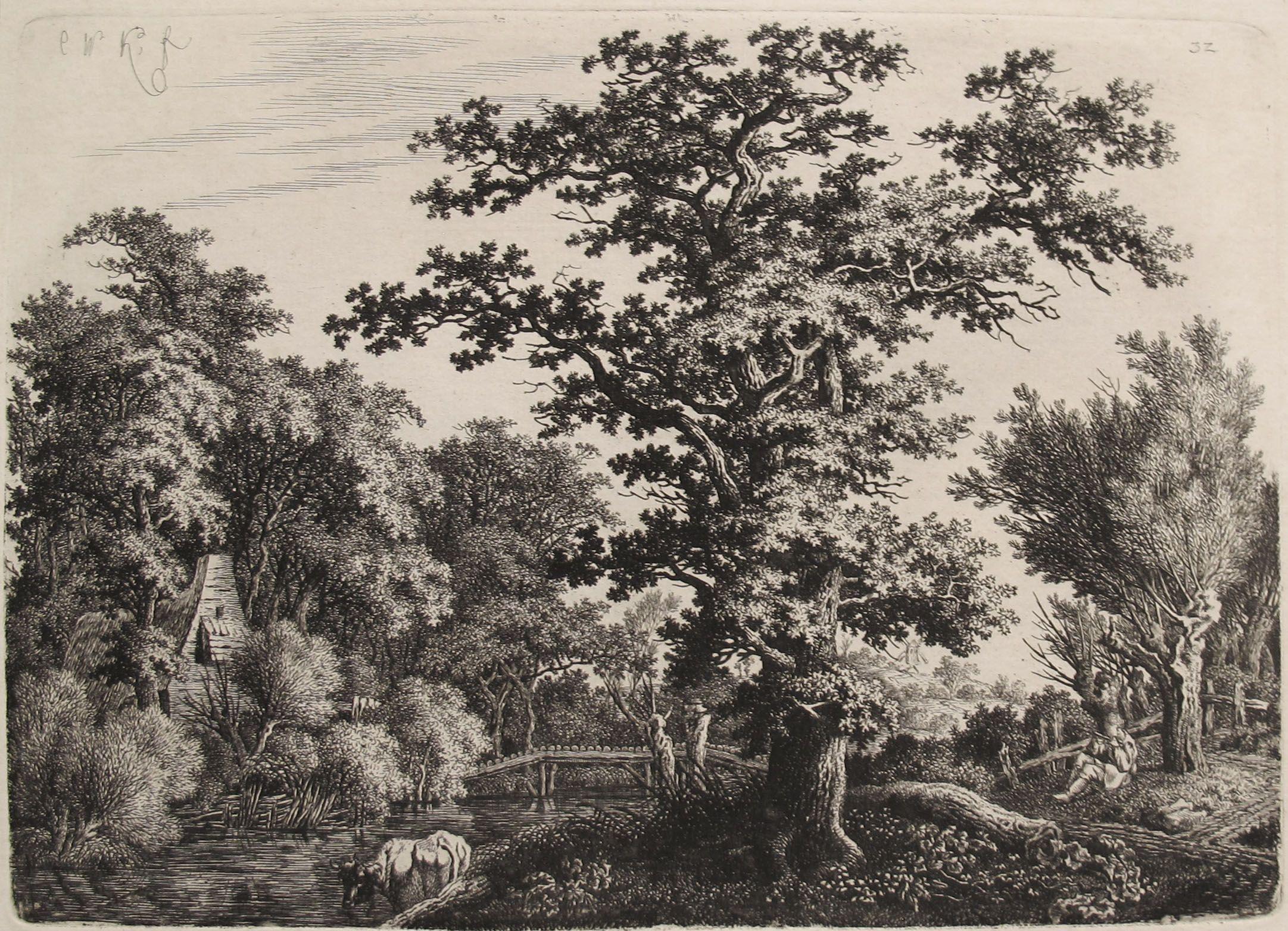 Carl Wilhelm Kolbe the Elder Landscape Print – Landschaft mit einer Eichebäume neben einem Fluss, einem Shepard, der mit einer Flöte spielt