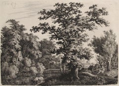 Paisaje con un roble junto a un río, un pastor tocando la flauta