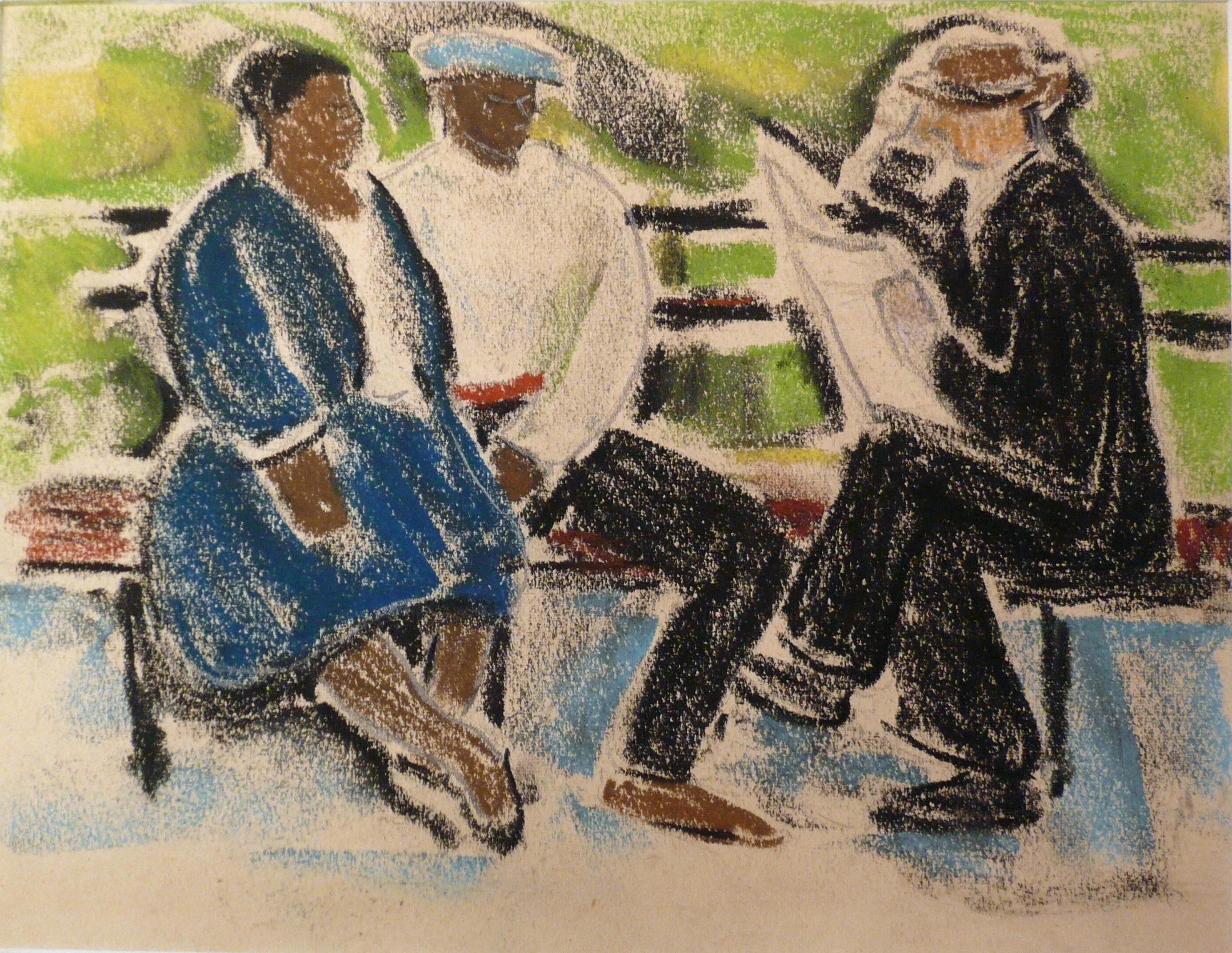 Ethel V. Ashton Figurative Art -  UNTITLED (THREE PEOPLE ON A PARK BENCH)