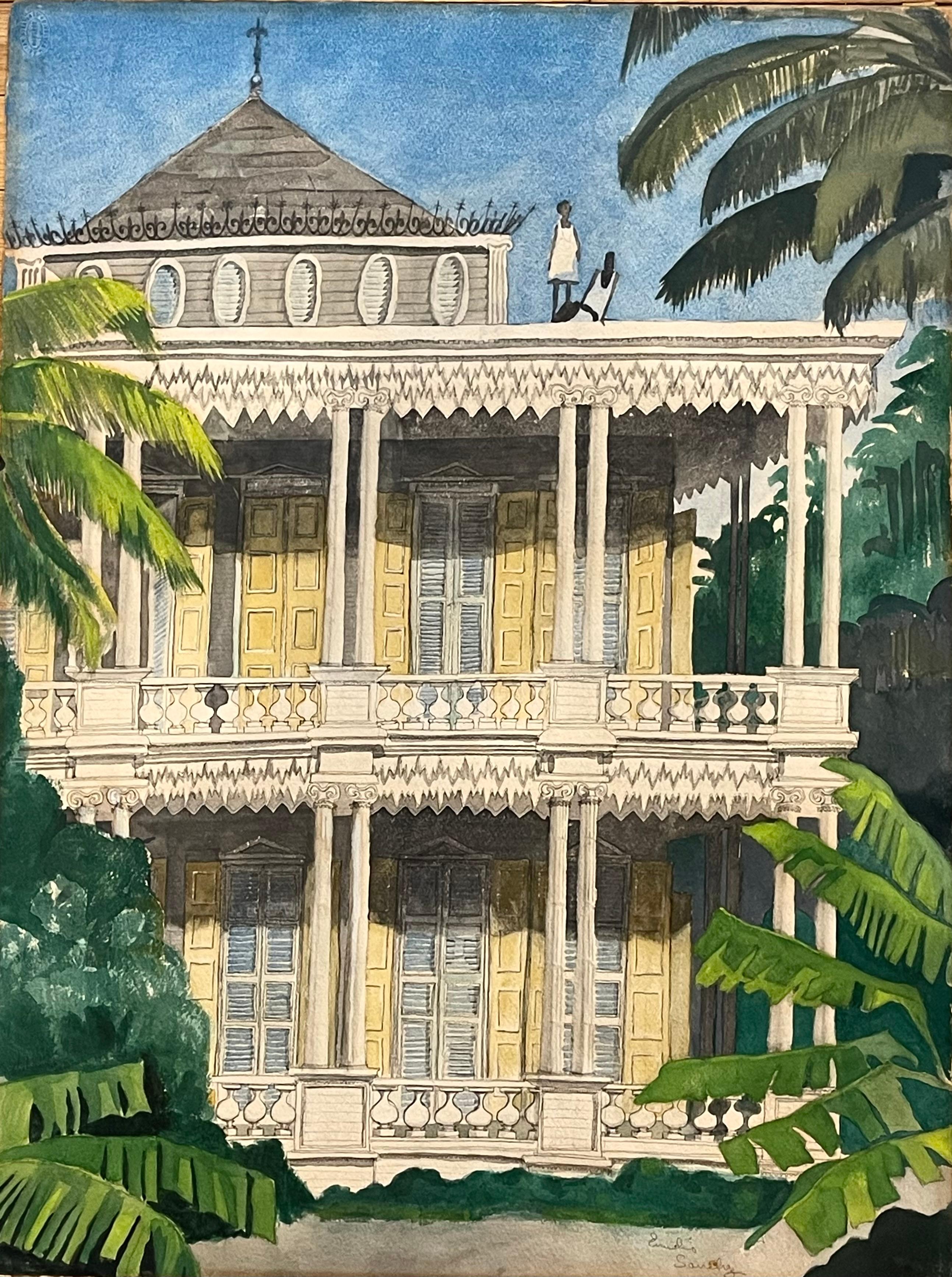Landscape Art Emilio Sanchez - SANS TITRE (MAISON AVEC DES ENFANTS SUR LE TOIT)