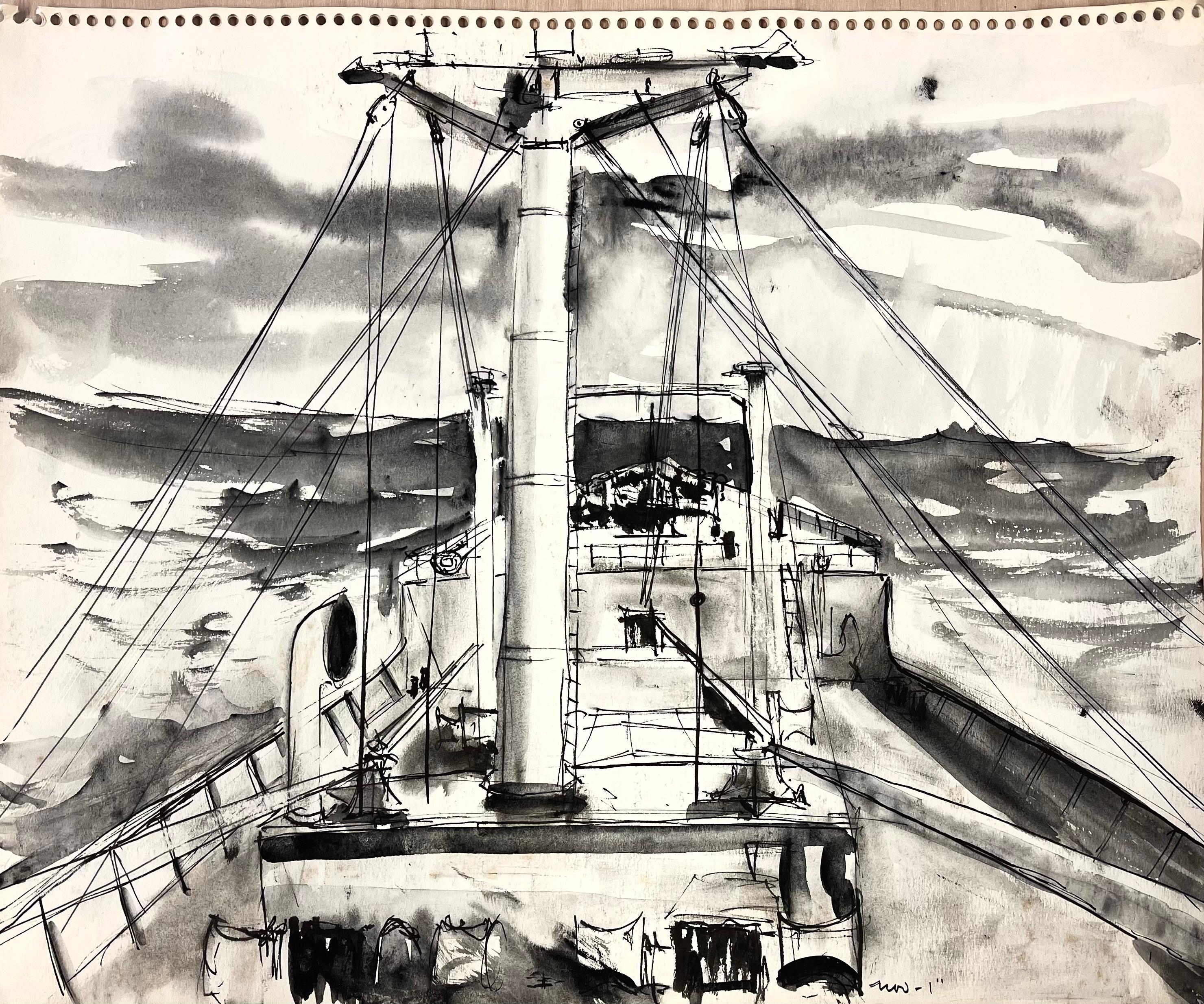 William Thon Landscape Art - UNTITLED (DRAWING OF A BOAT #1; LIKELY IN ITALY)