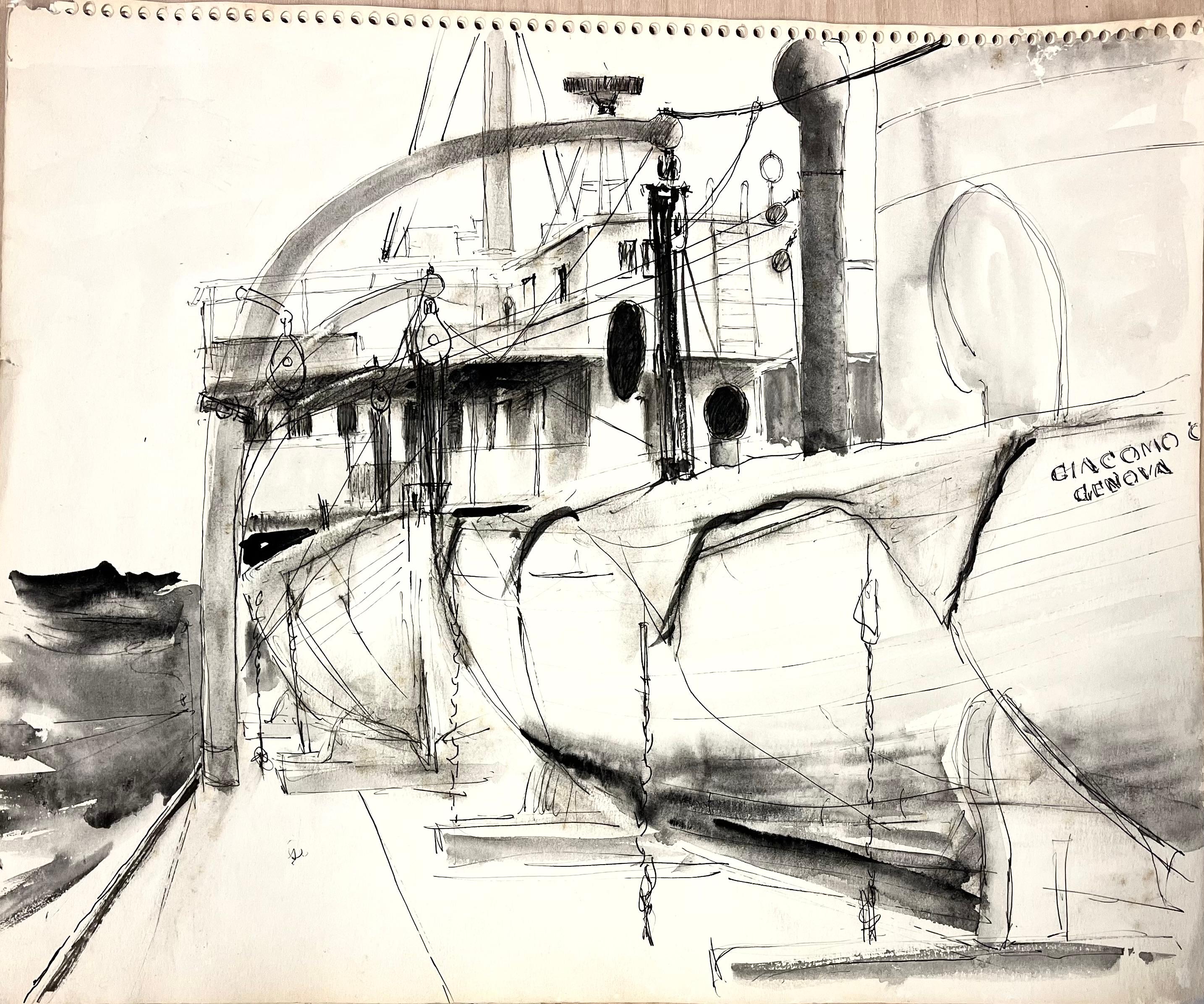 William Thon Landscape Art - UNTITLED (DRAWING OF A BOAT #3; LIKELY IN ITALY)
