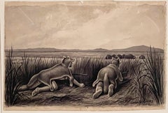 Vintage NATIVE AMERICANS HUNTING - TWO DRAWINGS.