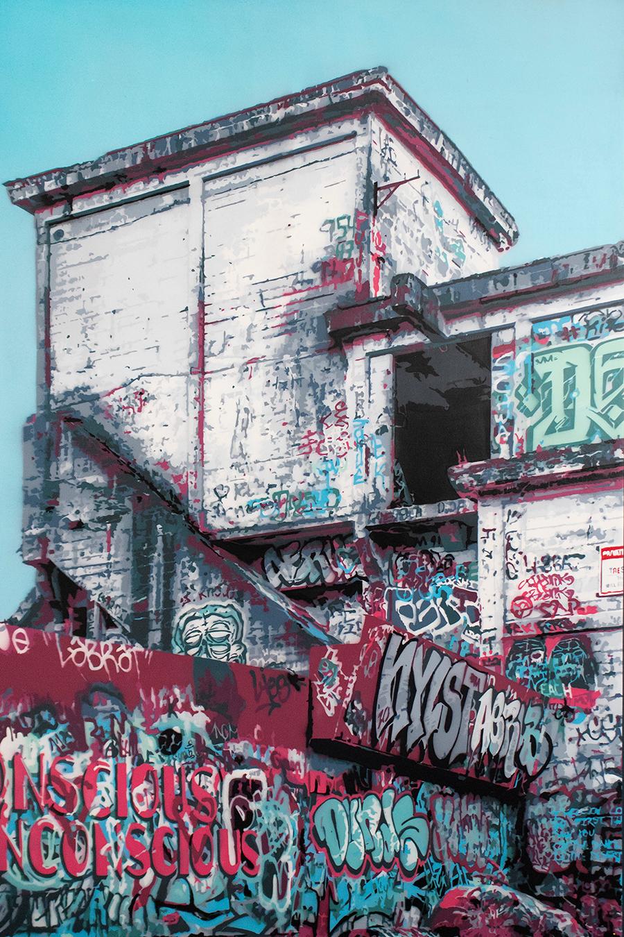 Joseph Steininger Landscape Painting - "Cement"  street art spray paint, red, city landscape painting, contemporary