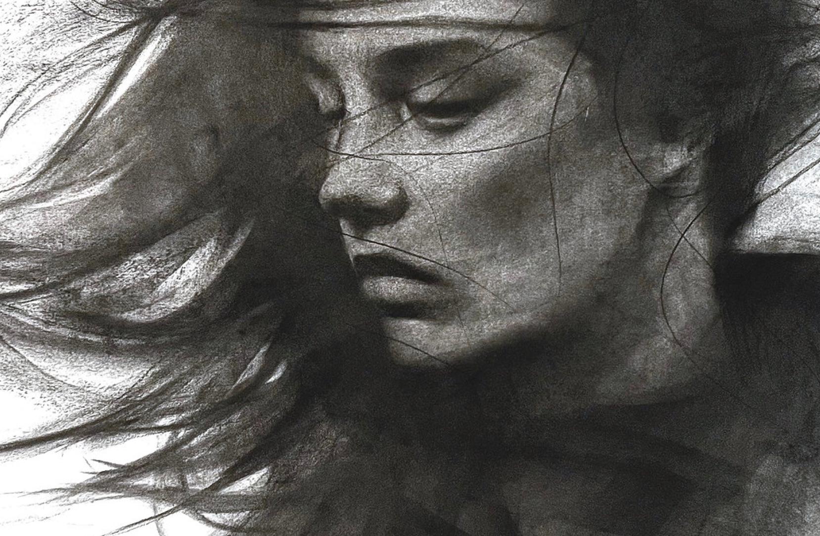 contemporáneo figurativo blanco y negro dibujo al carboncillo pop art interior femenino - Art Contemporáneo de Josh Hernandez