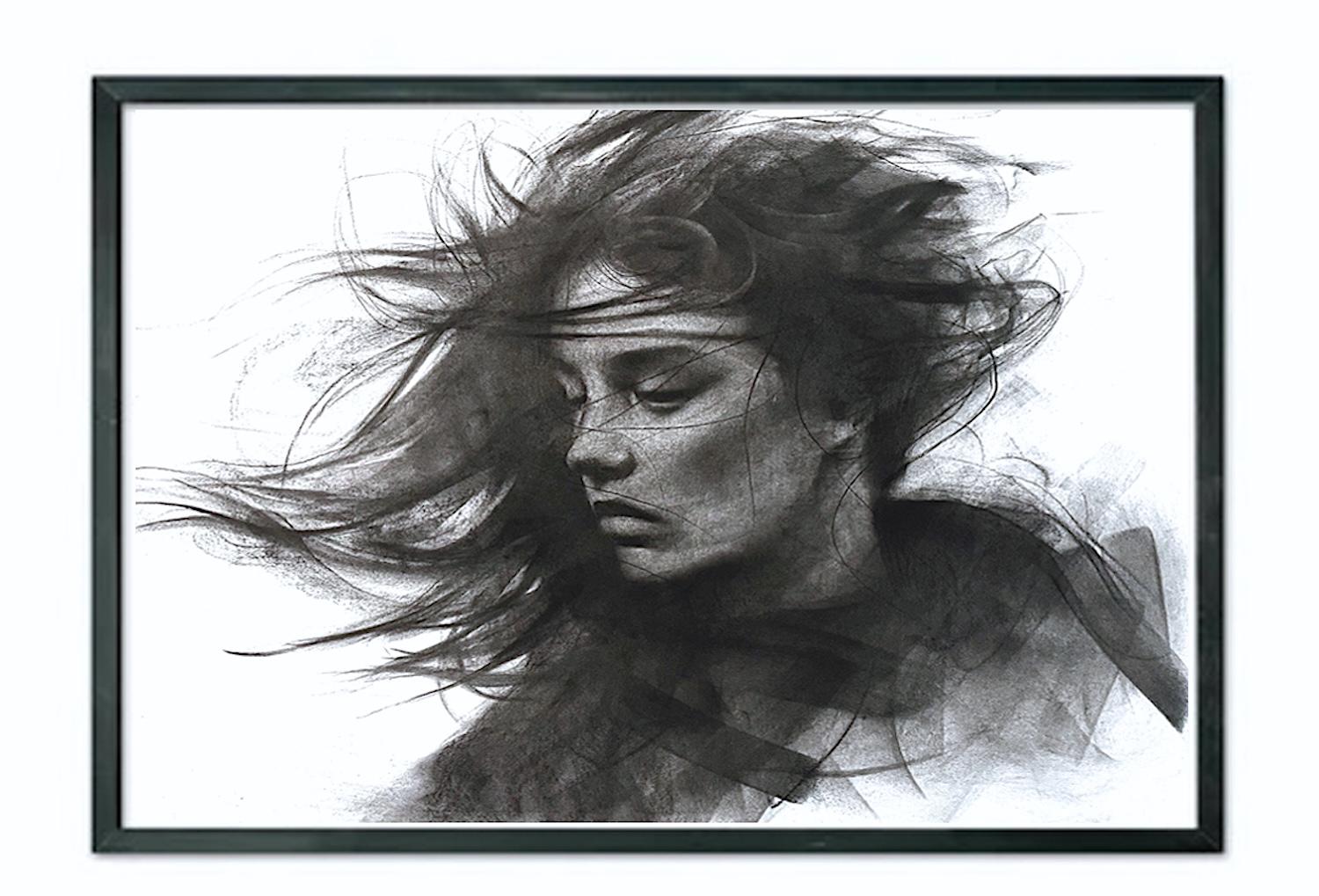 Portrait de Josh Hernandez - contemporáneo figurativo blanco y negro dibujo al carboncillo pop art interior femenino