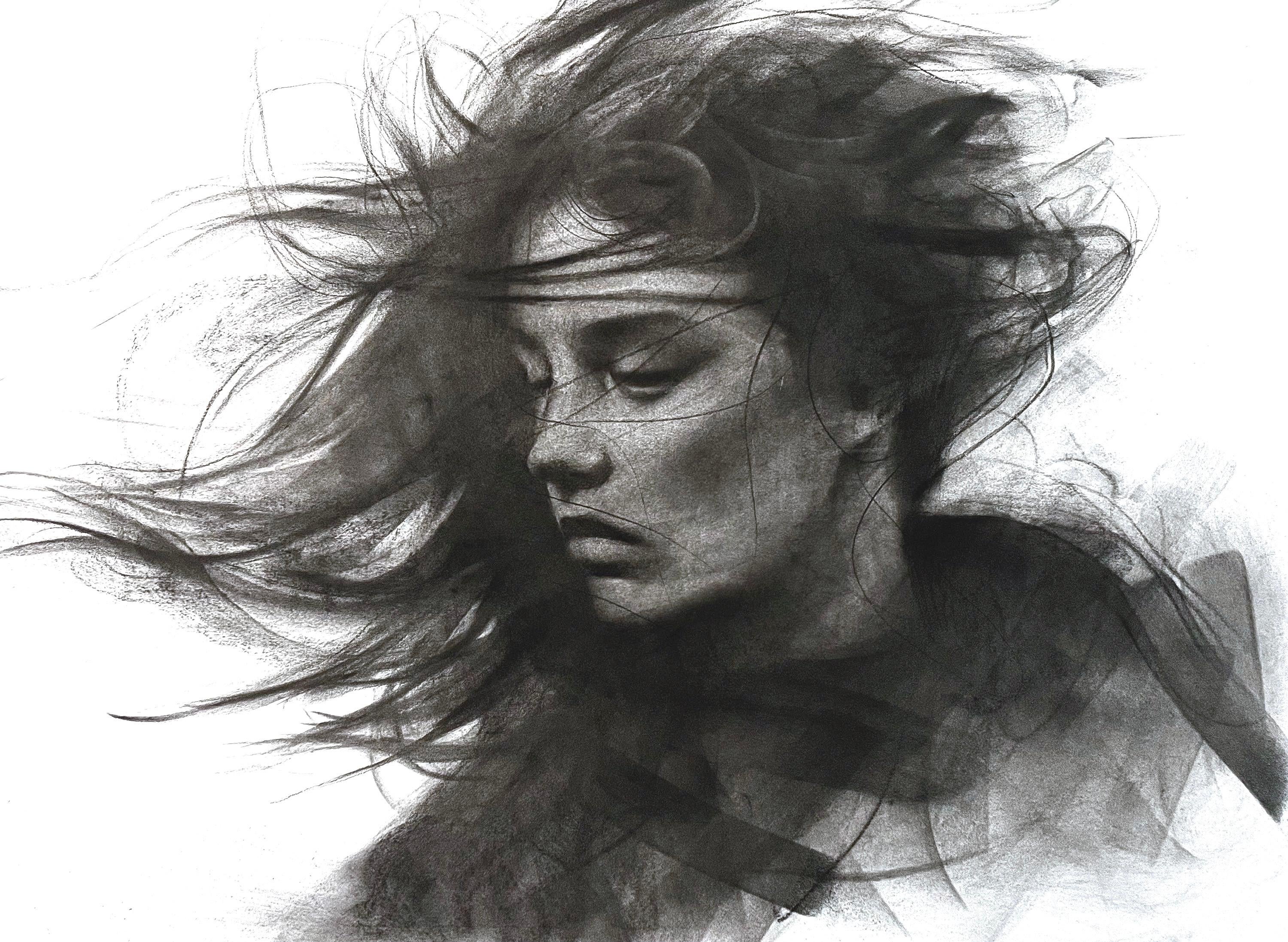 contemporáneo figurativo blanco y negro dibujo al carboncillo pop art interior femenino - Art de Josh Hernandez