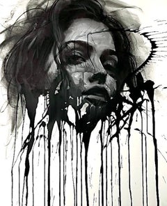 contemporary figurative black and white charcoal drawing pop art interior female