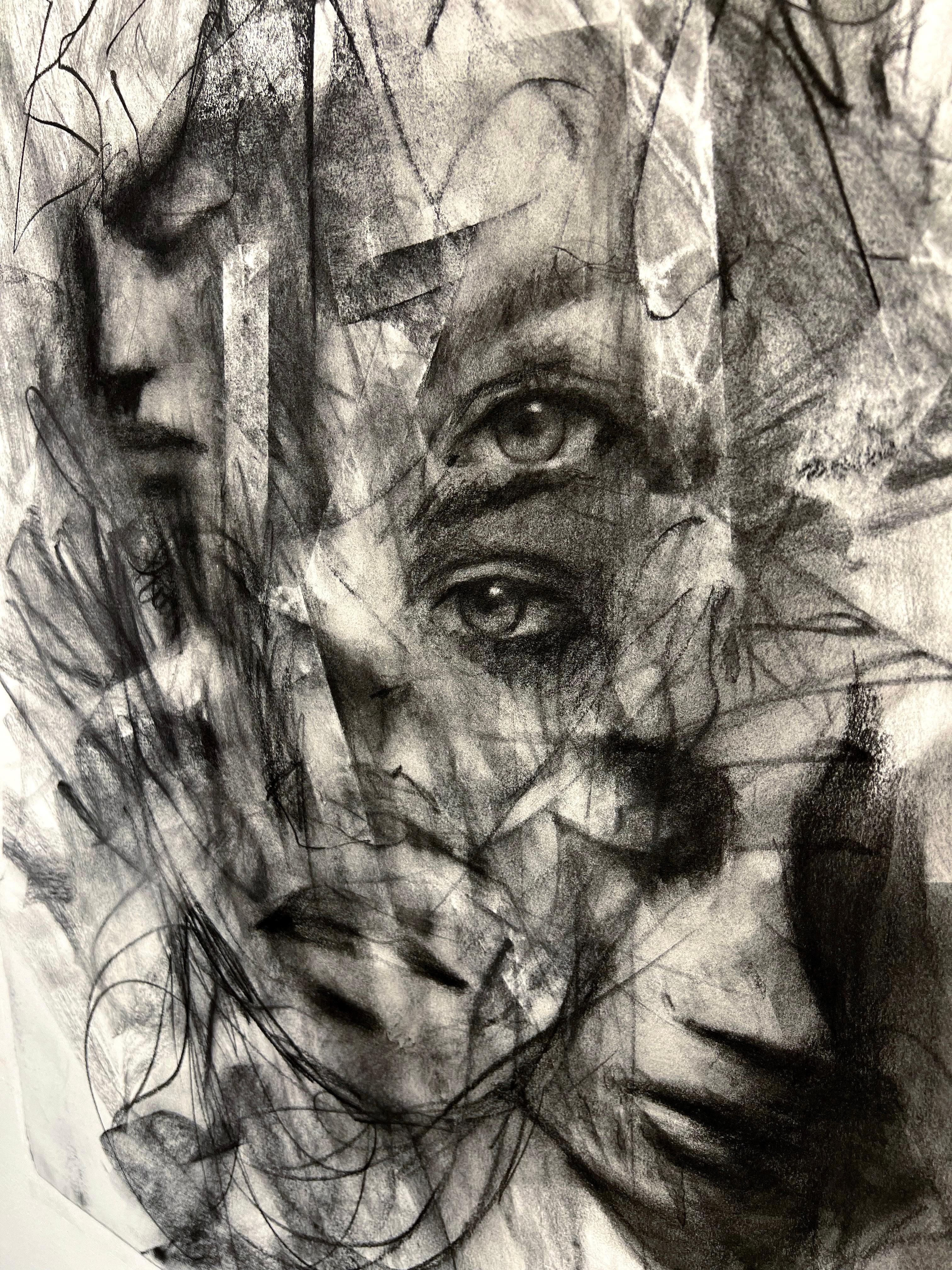 contemporary figurative black and white charcoal drawing pop art interior female - Art by Josh Hernandez